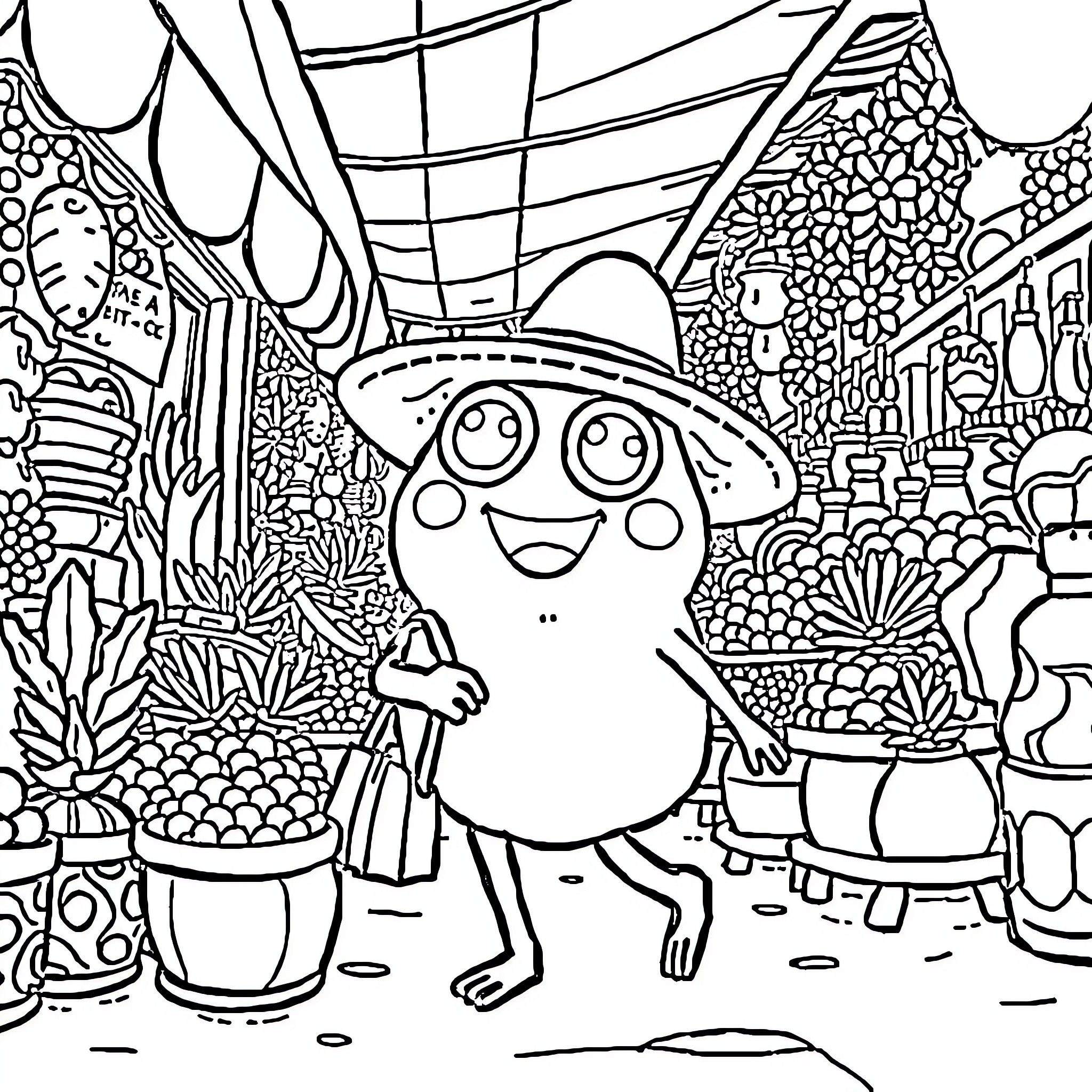 Keroppi's Whimsical Adventure in the Enchanted Garden Coloring Page (free black-and-white line drawing printable PDF for all, from beginners to advanced learners, including children, teens, adults, and seniors)