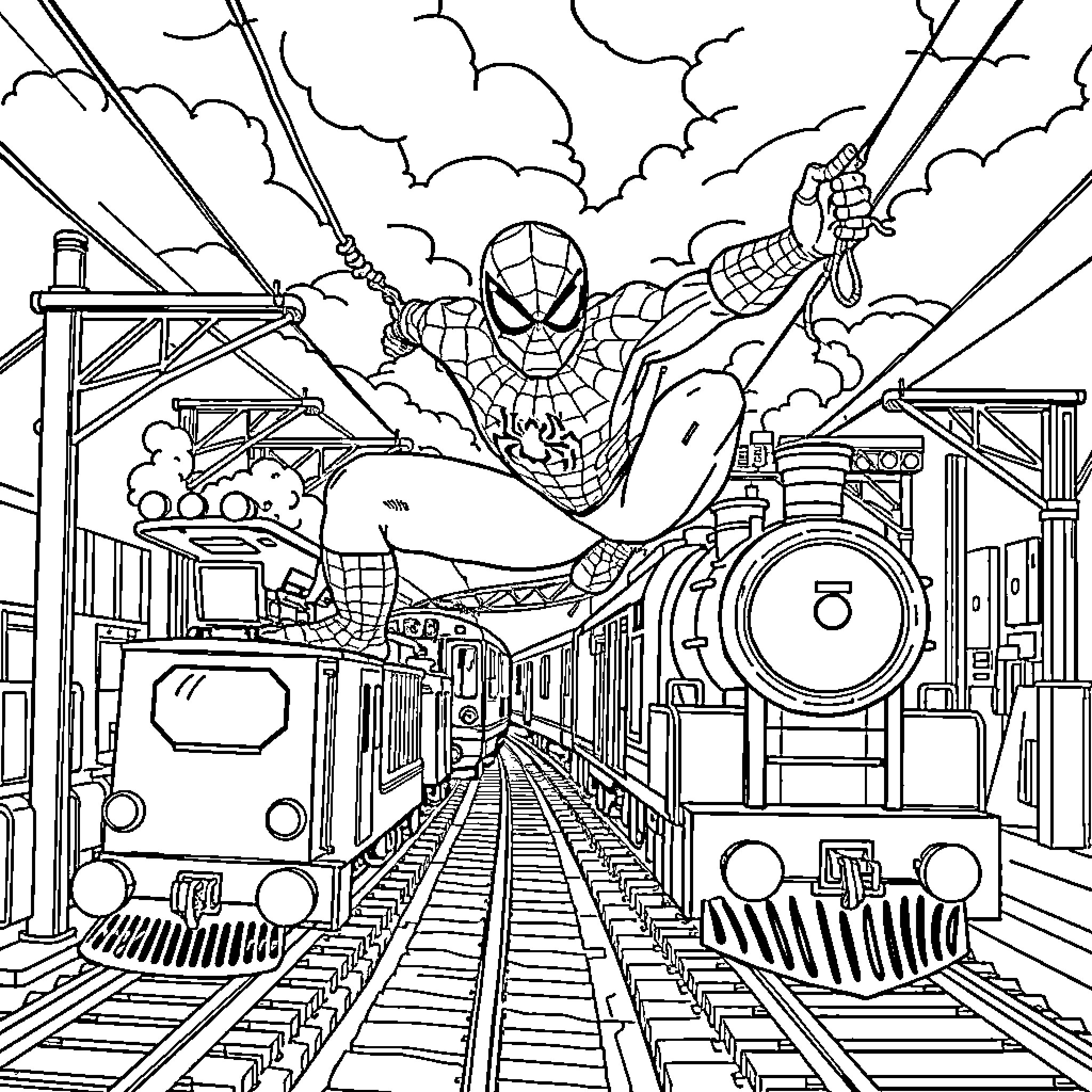 Spiderman swinging through a bustling train station Coloring Page (free black-and-white line drawing printable PDF for all, from beginners to advanced learners, including children, teens, adults, and seniors)