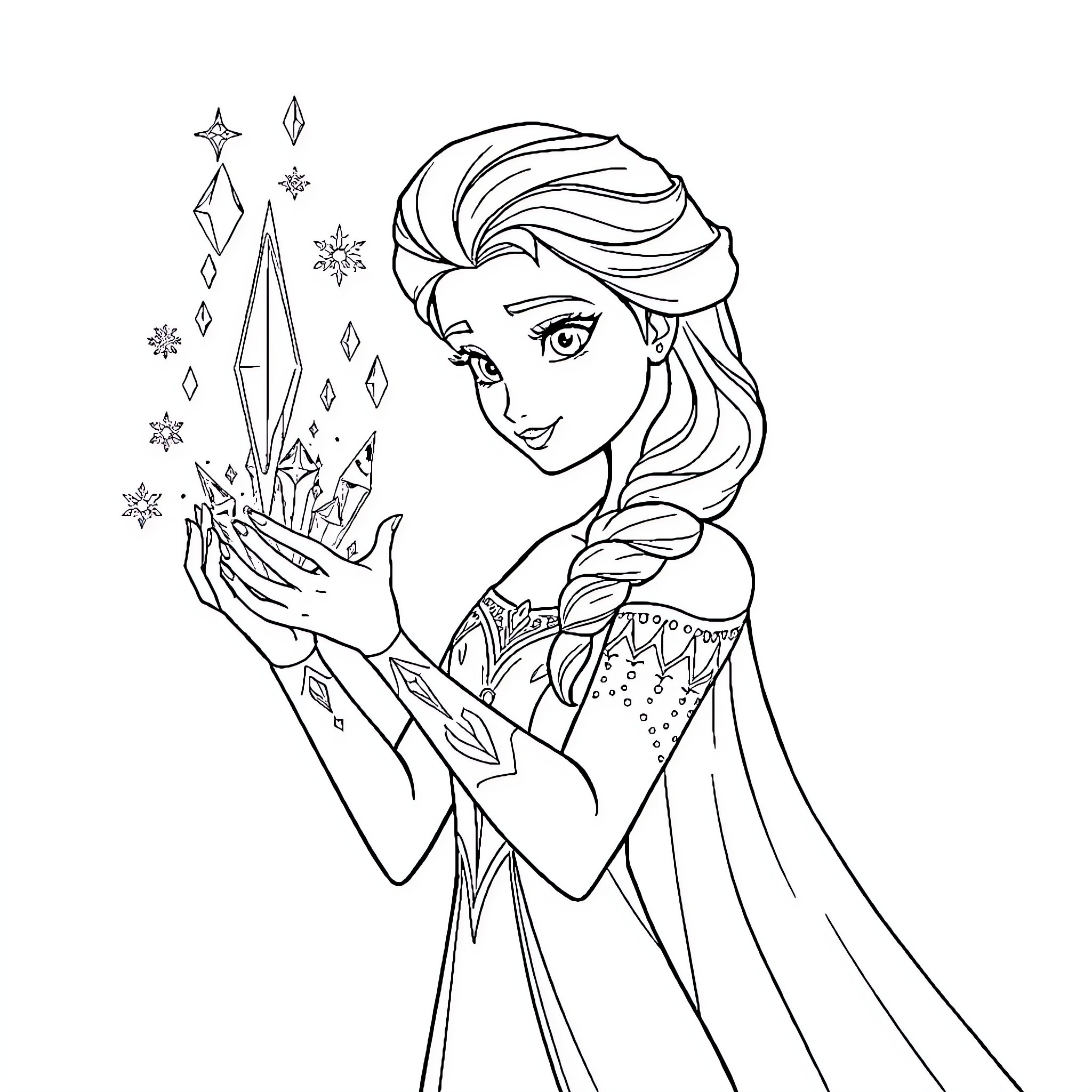 Elsa casting magical snowflakes in winter dress Coloring Page (free black-and-white line drawing printable PDF for all, from beginners to advanced learners, including children, teens, adults, and seniors)