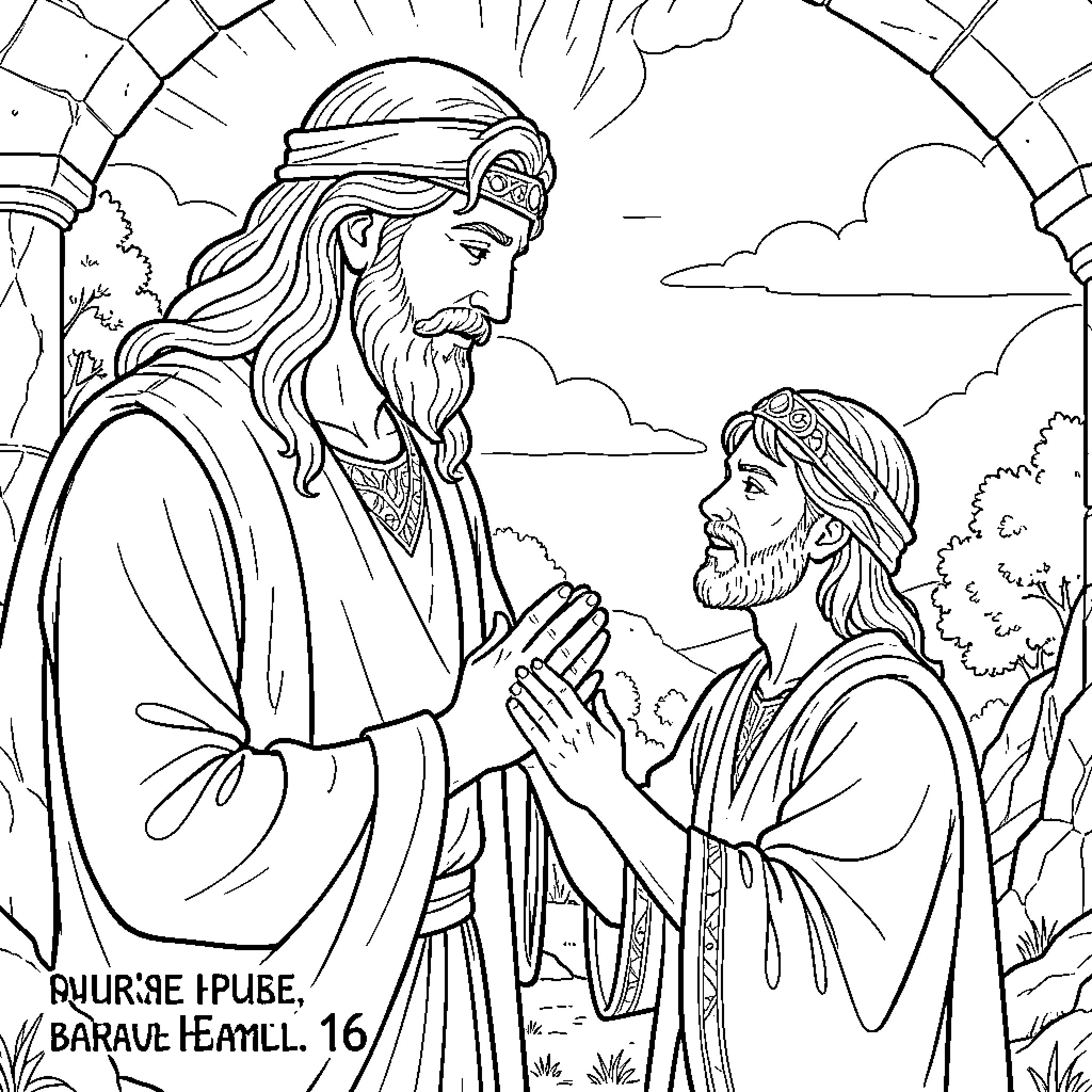 David Prays to the Wise Old Man in the Desert Coloring Page (free black-and-white line drawing printable PDF for all, from beginners to advanced learners, including children, teens, adults, and seniors)