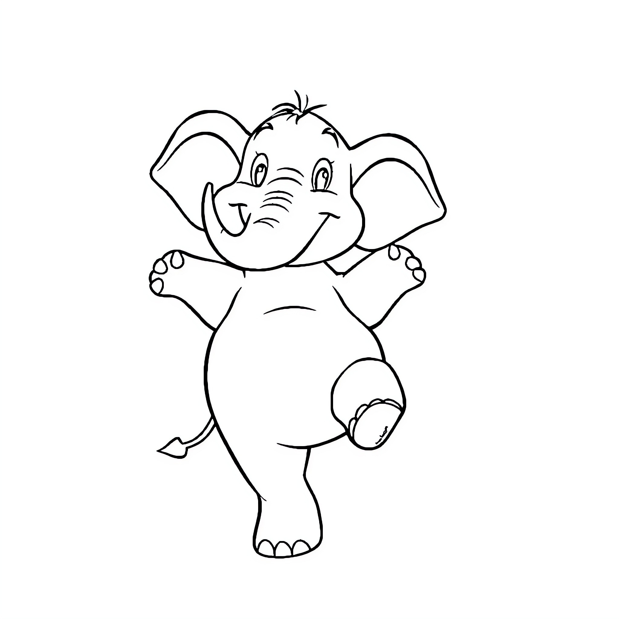 Elephant cartoon character in playful pose Coloring Page (free black-and-white line drawing printable PDF for all, from beginners to advanced learners, including children, teens, adults, and seniors)