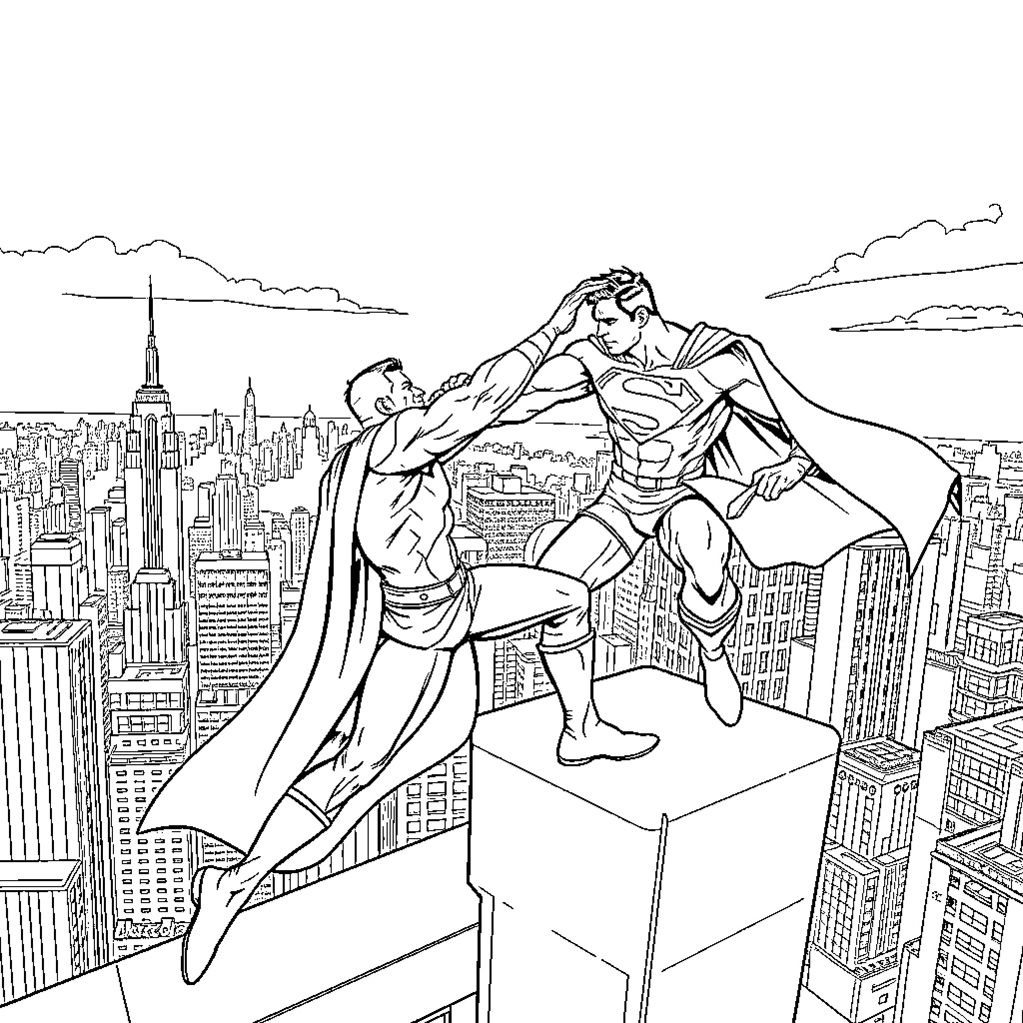 Superman Saves Citizen Above City Skyline Coloring Page (free black-and-white line drawing printable PDF for all, from beginners to advanced learners, including children, teens, adults, and seniors)