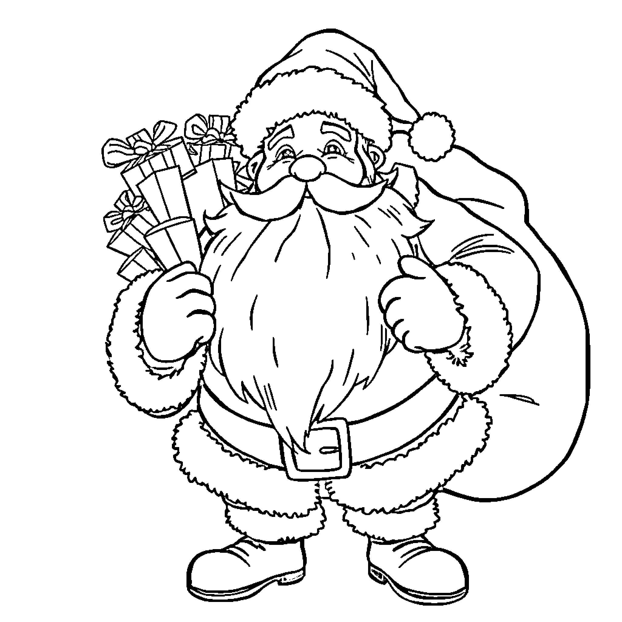 Santa delivering presents with a big smile Coloring Page (free black-and-white line drawing printable PDF for all, from beginners to advanced learners, including children, teens, adults, and seniors)