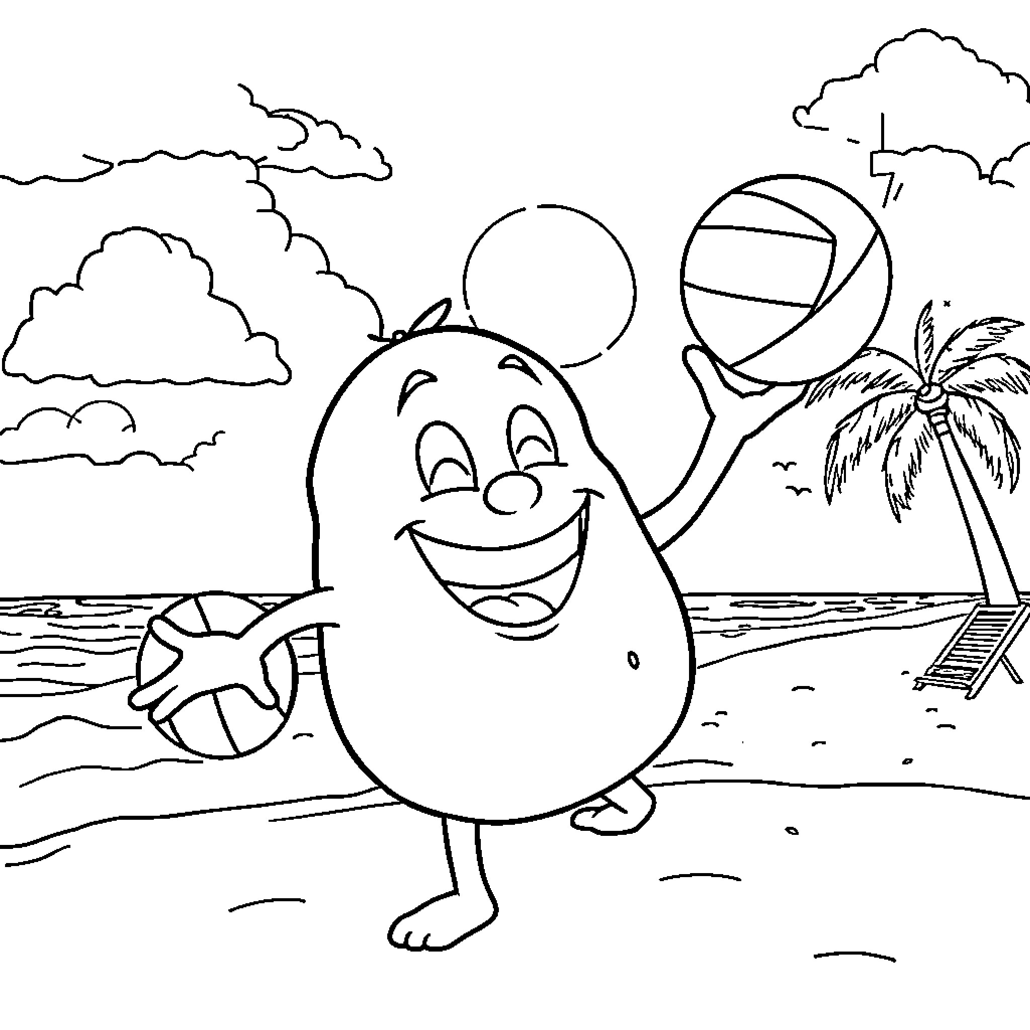 Potato playing with beach ball on the sunny shore Coloring Page (free black-and-white line drawing printable PDF for all, from beginners to advanced learners, including children, teens, adults, and seniors)