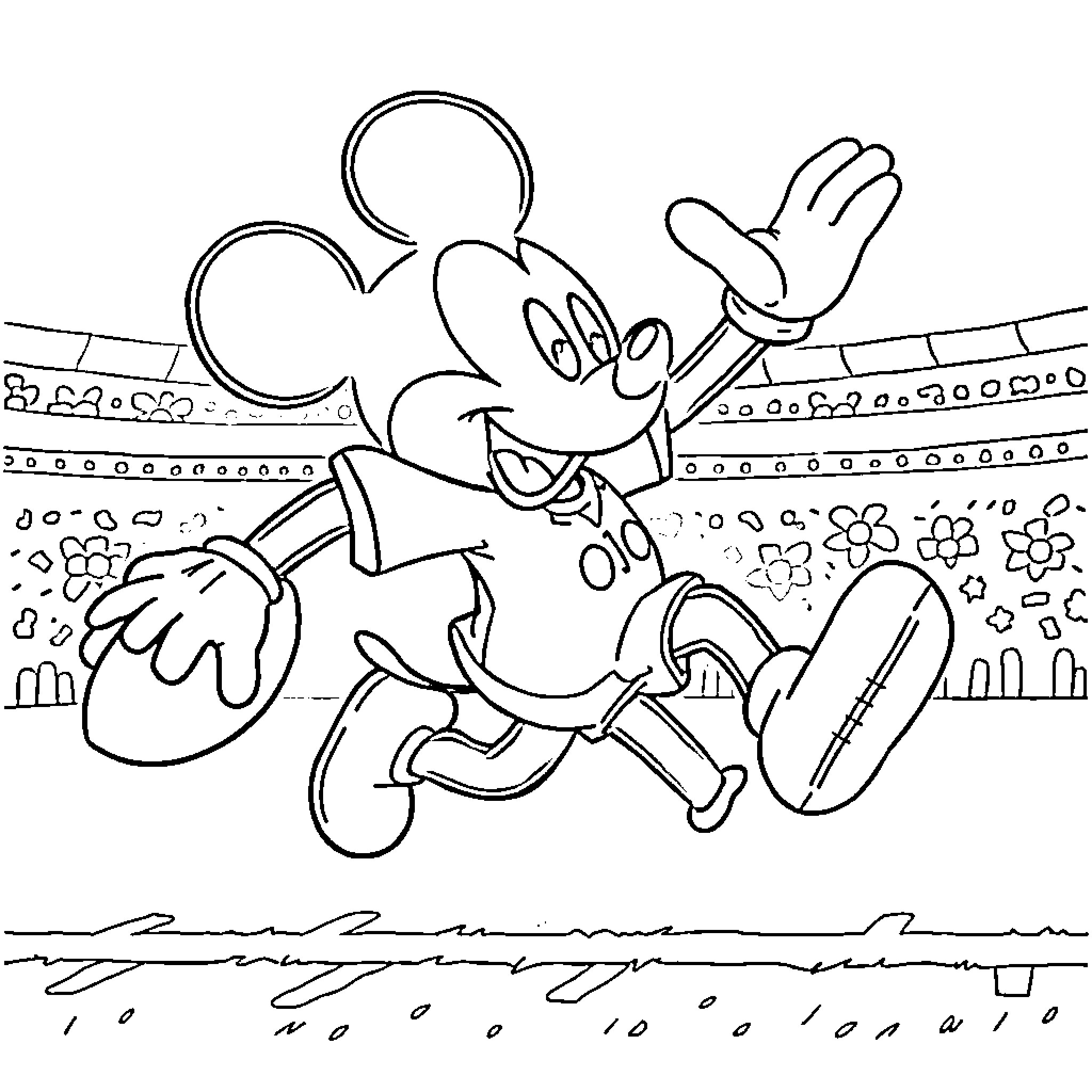 Mickey Mouse running and waving happily Coloring Page (free black-and-white line drawing printable PDF for all, from beginners to advanced learners, including children, teens, adults, and seniors)