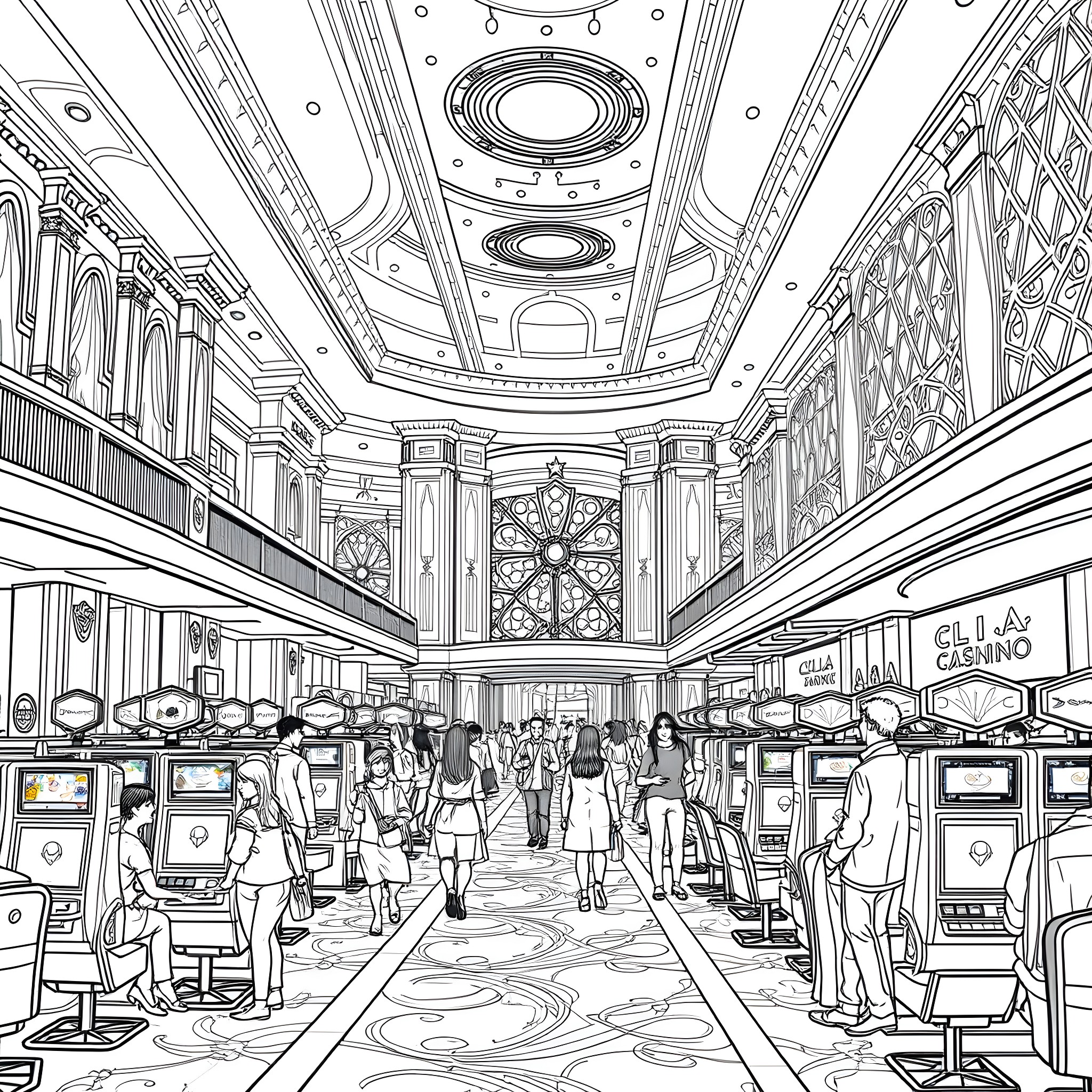 Casino interior scene with people and gaming machines Coloring Page (free black-and-white line drawing printable PDF for all, from beginners to advanced learners, including children, teens, adults, and seniors)