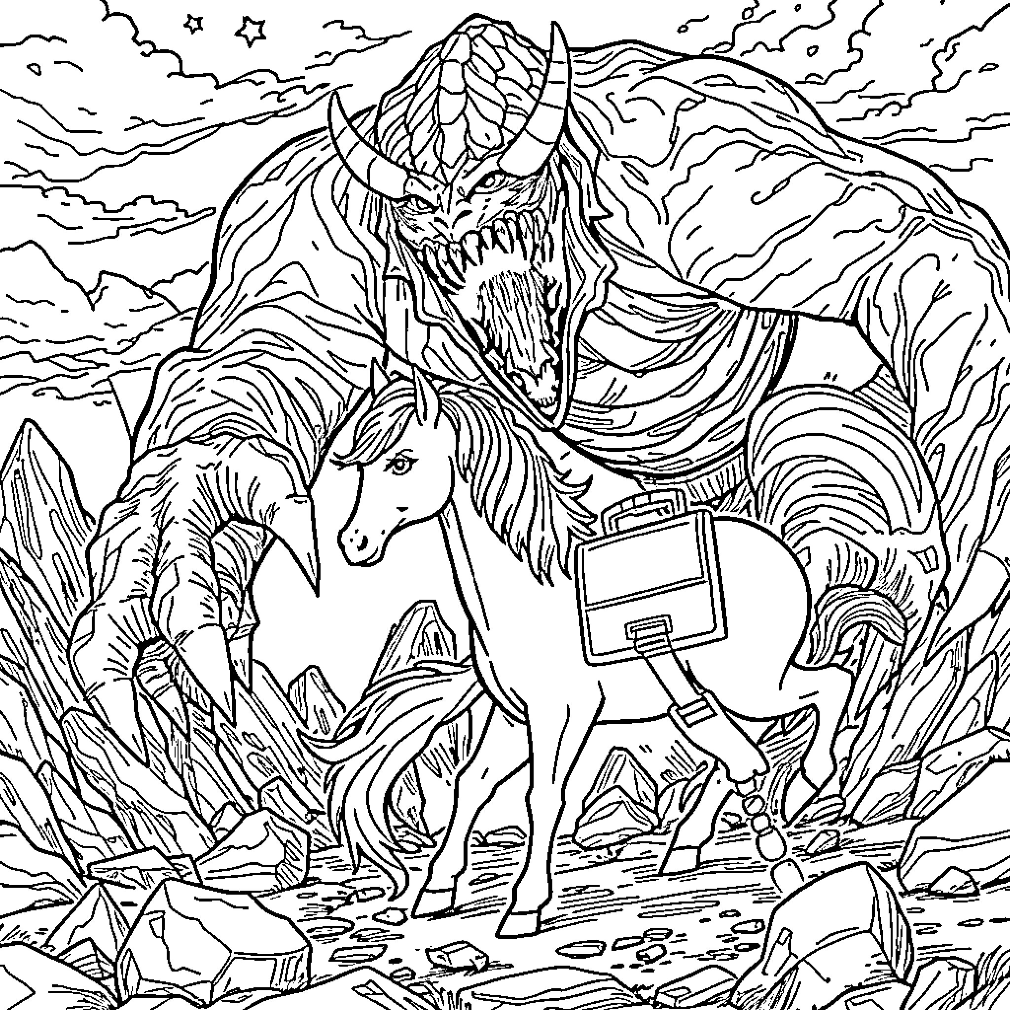 Unicorn Facing a Monstrous Foe in the Wilderness Coloring Page (free black-and-white line drawing printable PDF for all, from beginners to advanced learners, including children, teens, adults, and seniors)