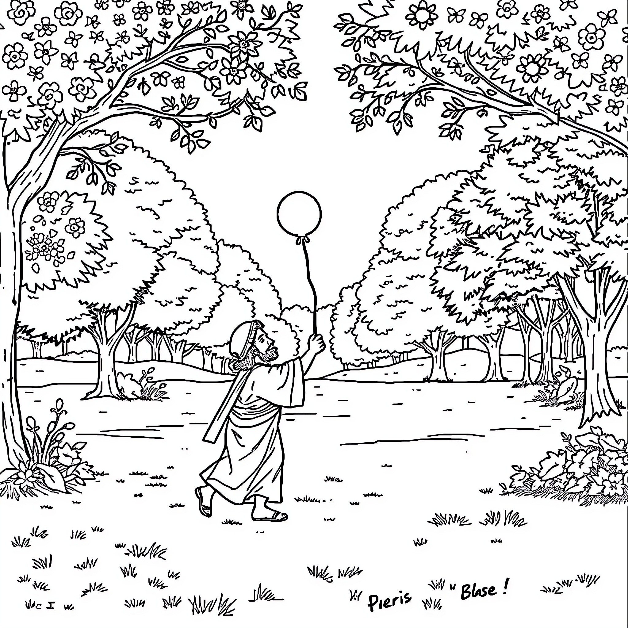 Jesus walking in the garden with nature Coloring Page (free black-and-white line drawing printable PDF for all, from beginners to advanced learners, including children, teens, adults, and seniors)