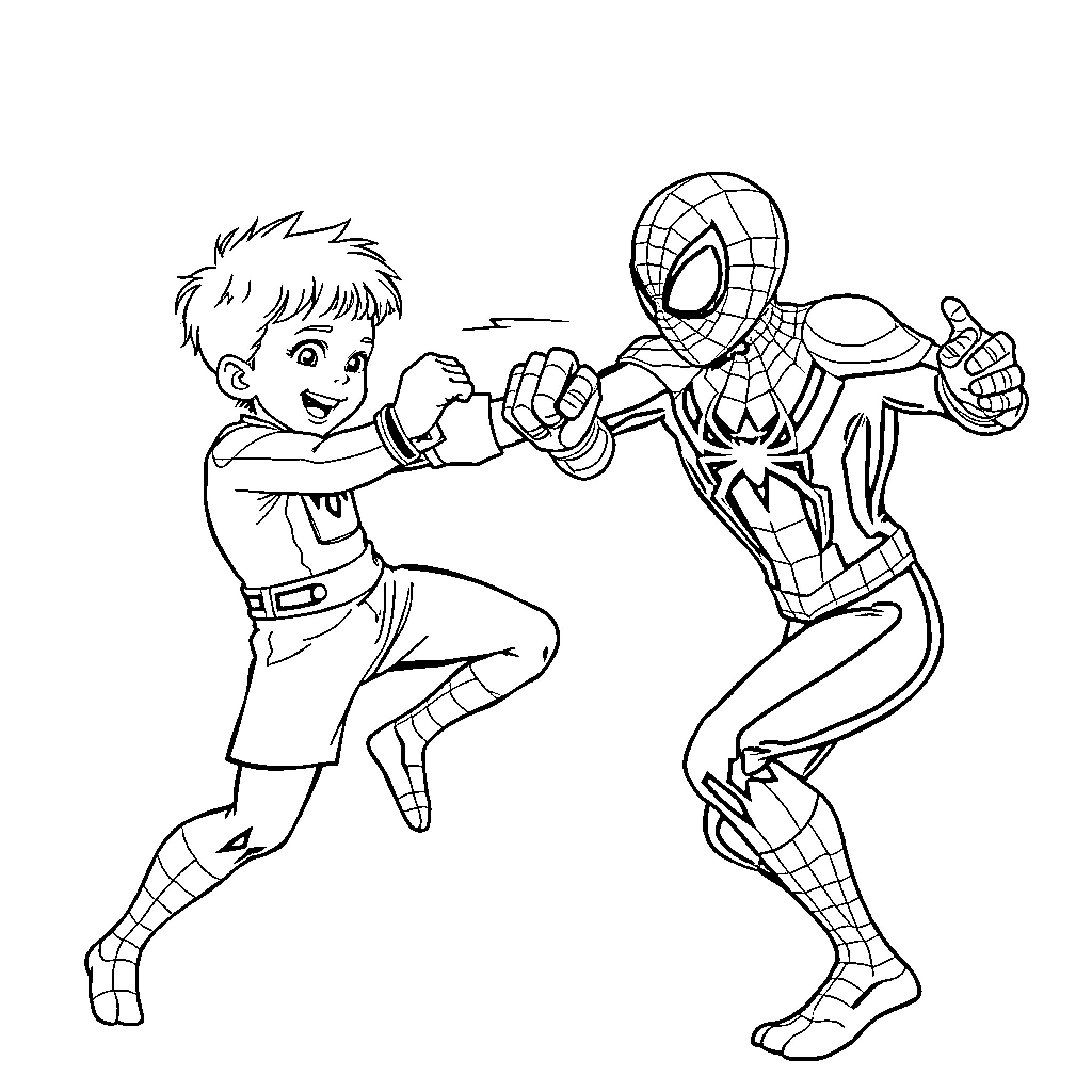 Spiderman engaging in action-packed scene with young hero Coloring Page (free black-and-white line drawing printable PDF for all, from beginners to advanced learners, including children, teens, adults, and seniors)