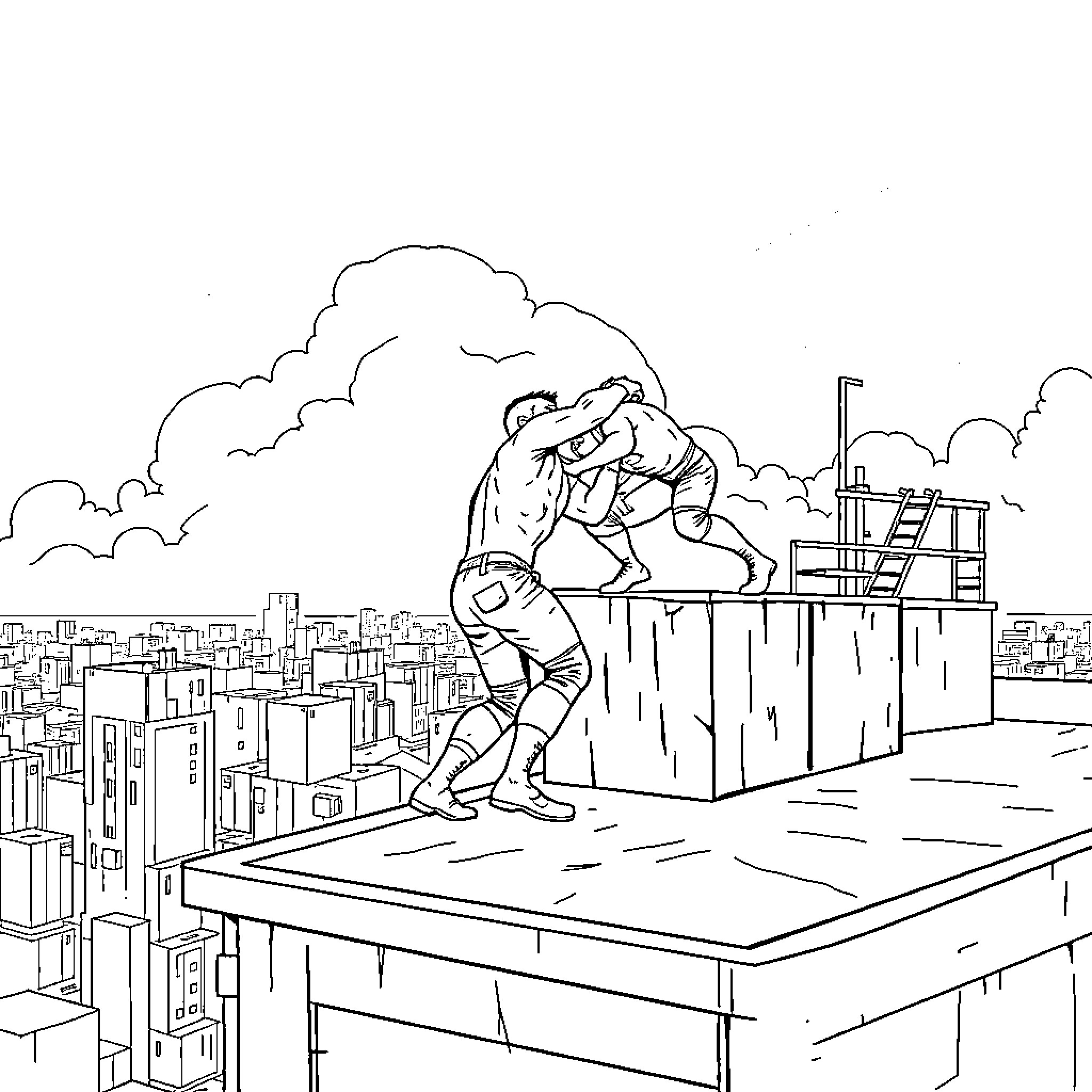 Wrestler performing a dramatic move on a rooftop Coloring Page (free black-and-white line drawing printable PDF for all, from beginners to advanced learners, including children, teens, adults, and seniors)