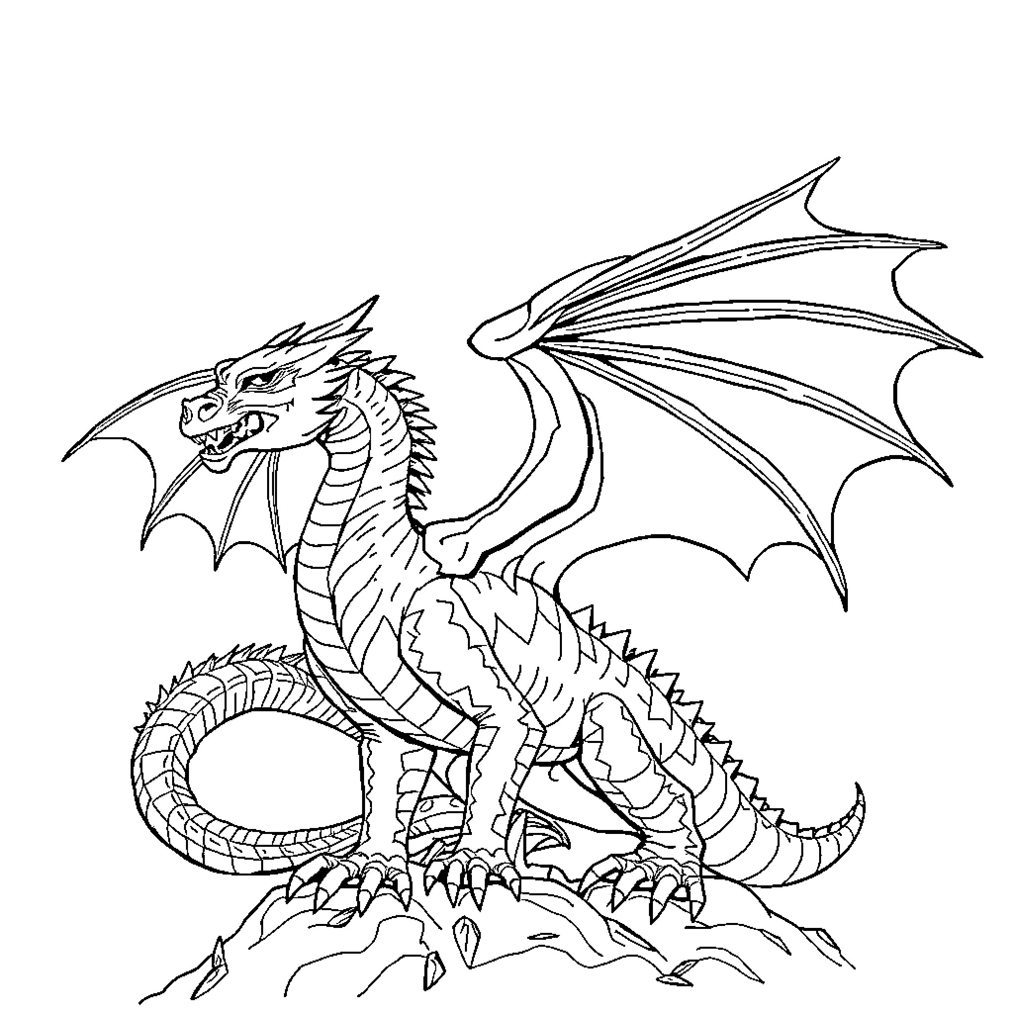 Dragon unleashing its fierce presence Coloring Page (free black-and-white line drawing printable PDF for all, from beginners to advanced learners, including children, teens, adults, and seniors)