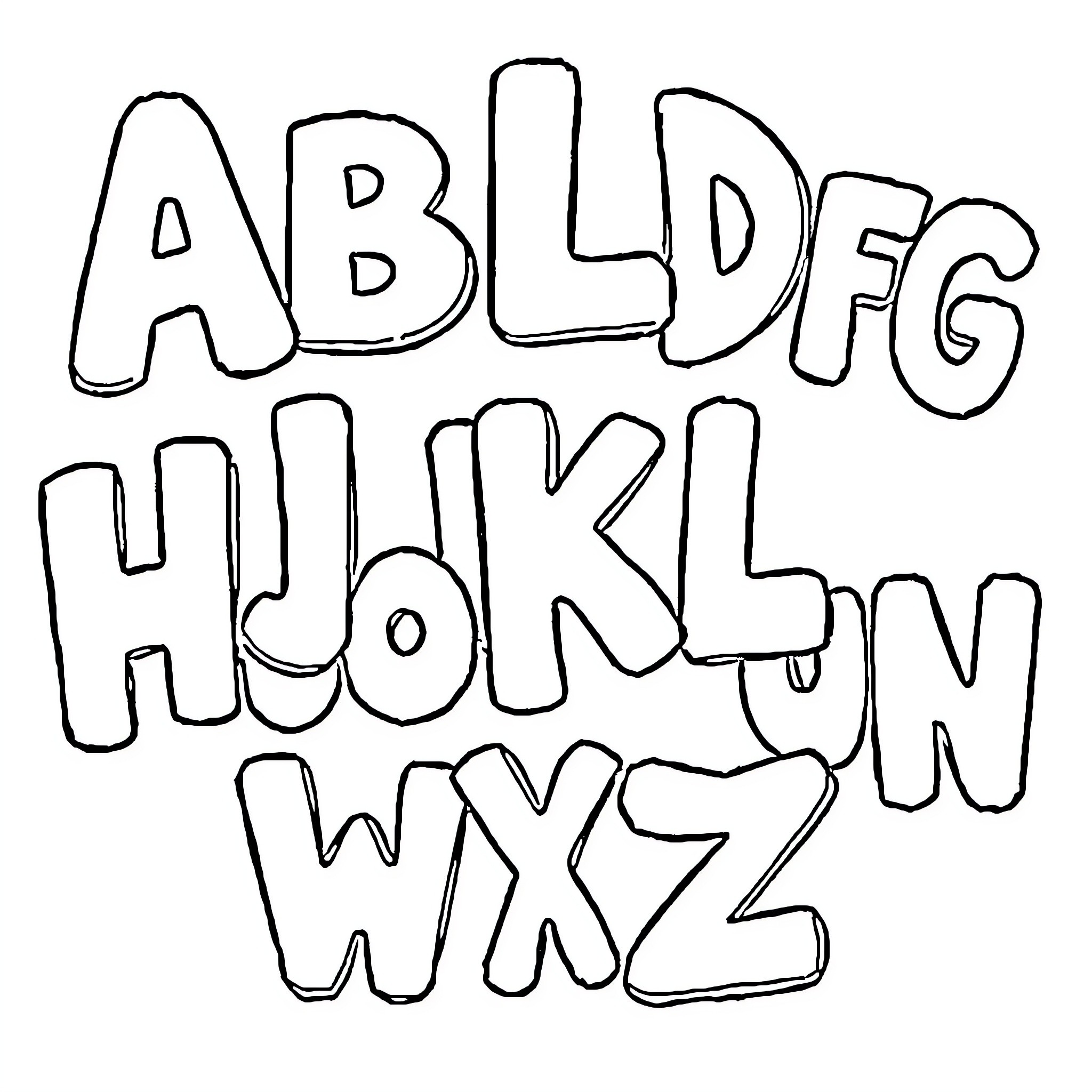 Alphabet letters in playful hand-drawn style Coloring Page (free black-and-white line drawing printable PDF for all, from beginners to advanced learners, including children, teens, adults, and seniors)