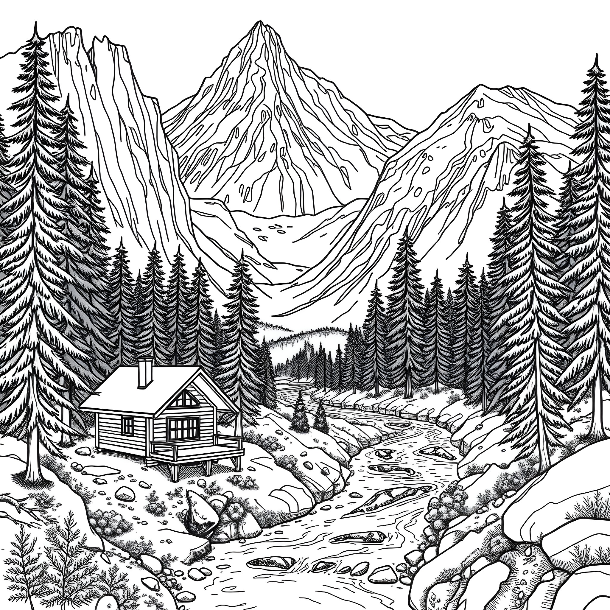Mountain Cabin in the Wilderness Coloring Page (free black-and-white line drawing printable PDF for all, from beginners to advanced learners, including children, teens, adults, and seniors)