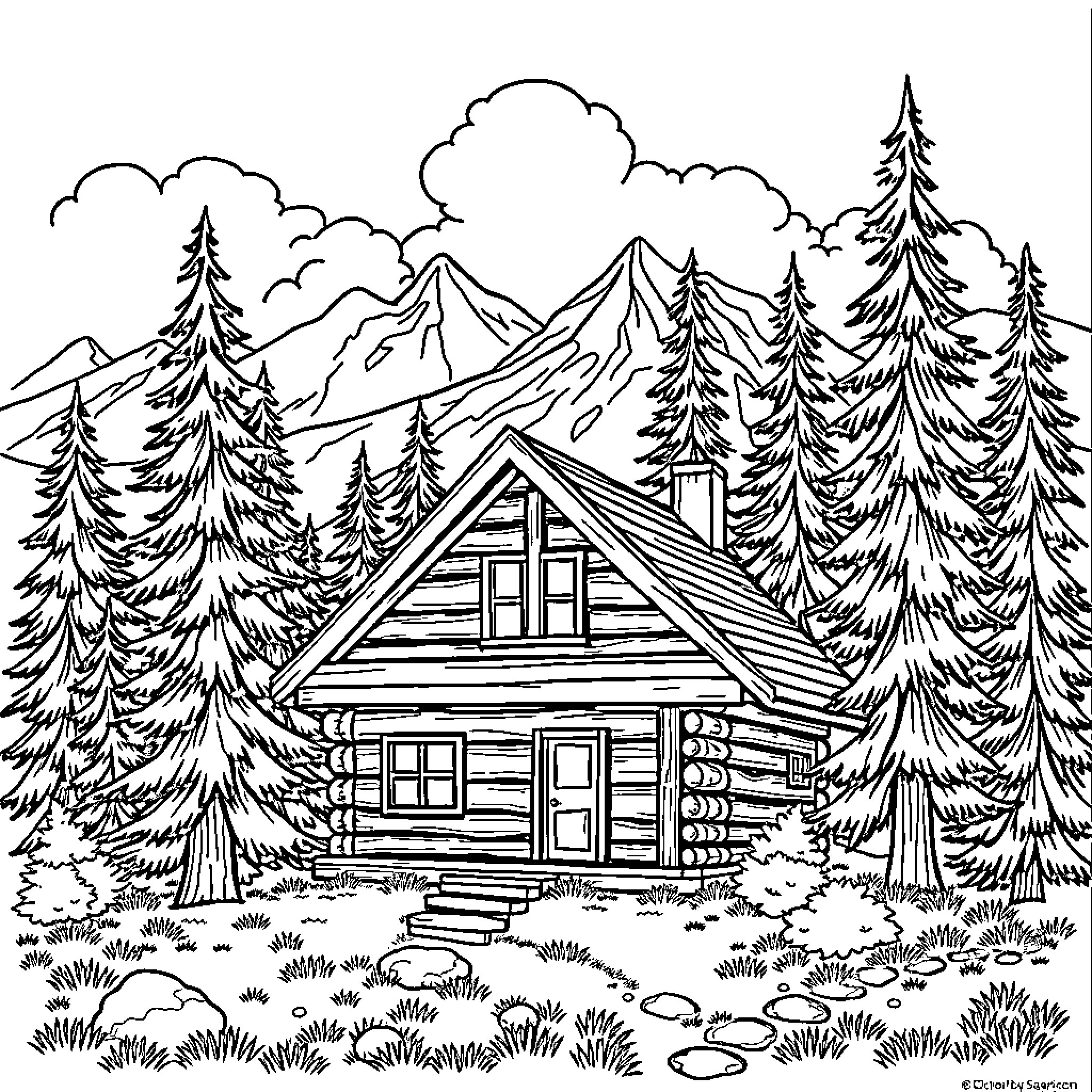 Log Cabin in the Serene Wilderness Coloring Page (free black-and-white line drawing printable PDF for all, from beginners to advanced learners, including children, teens, adults, and seniors)