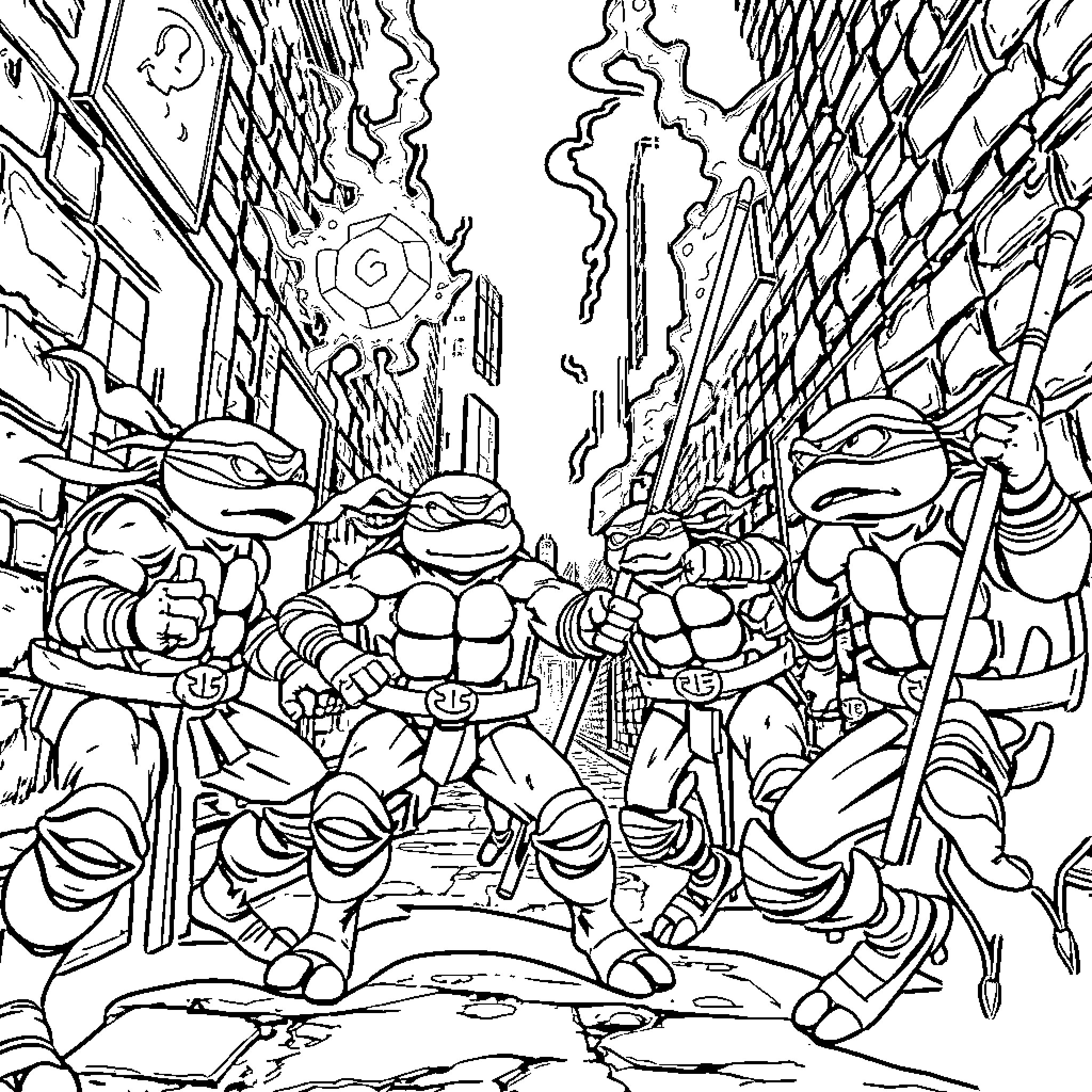 Ninja Turtles battle in the city streets Coloring Page (free black-and-white line drawing printable PDF for all, from beginners to advanced learners, including children, teens, adults, and seniors)