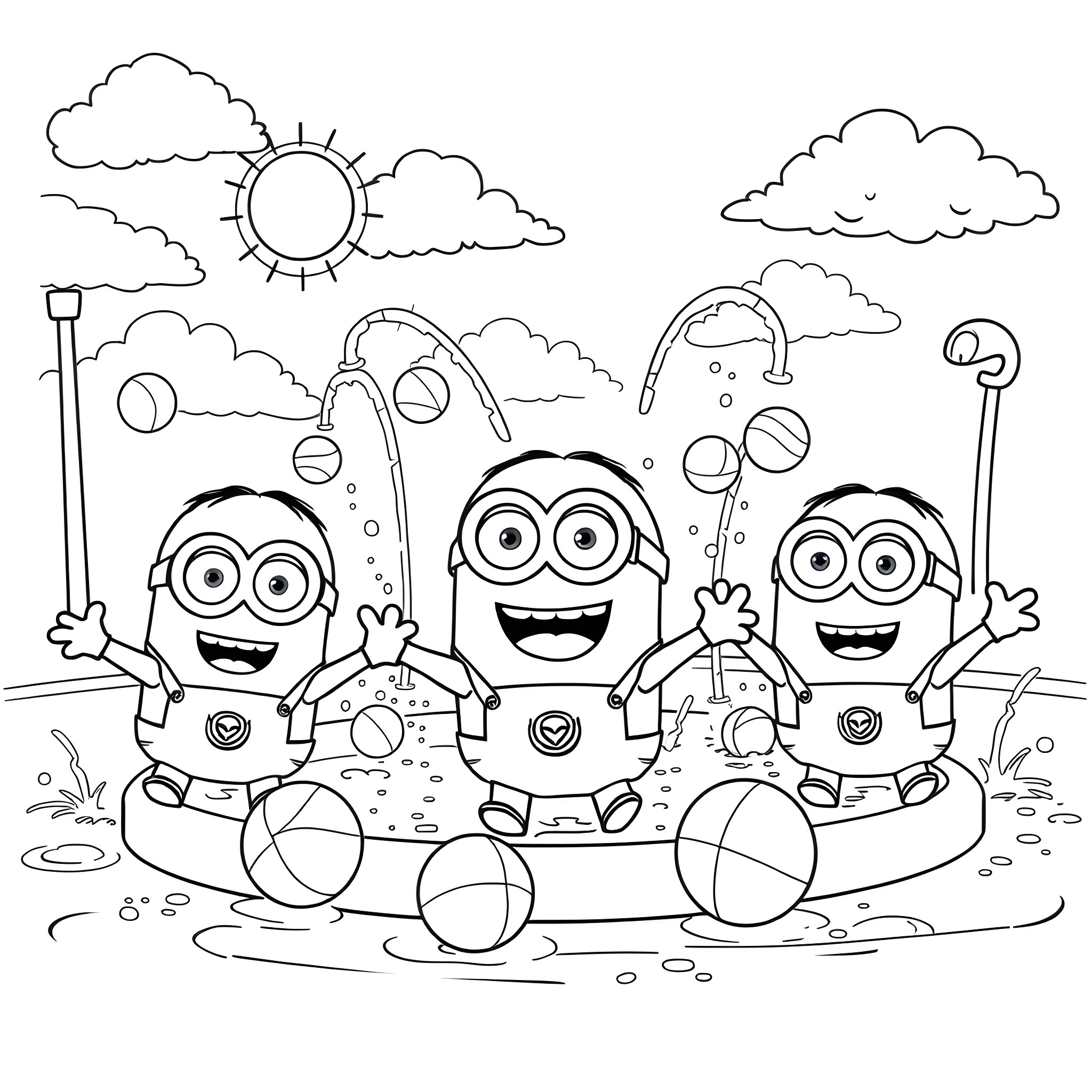 Minions playing happily in the park Coloring Page (free black-and-white line drawing printable PDF for all, from beginners to advanced learners, including children, teens, adults, and seniors)