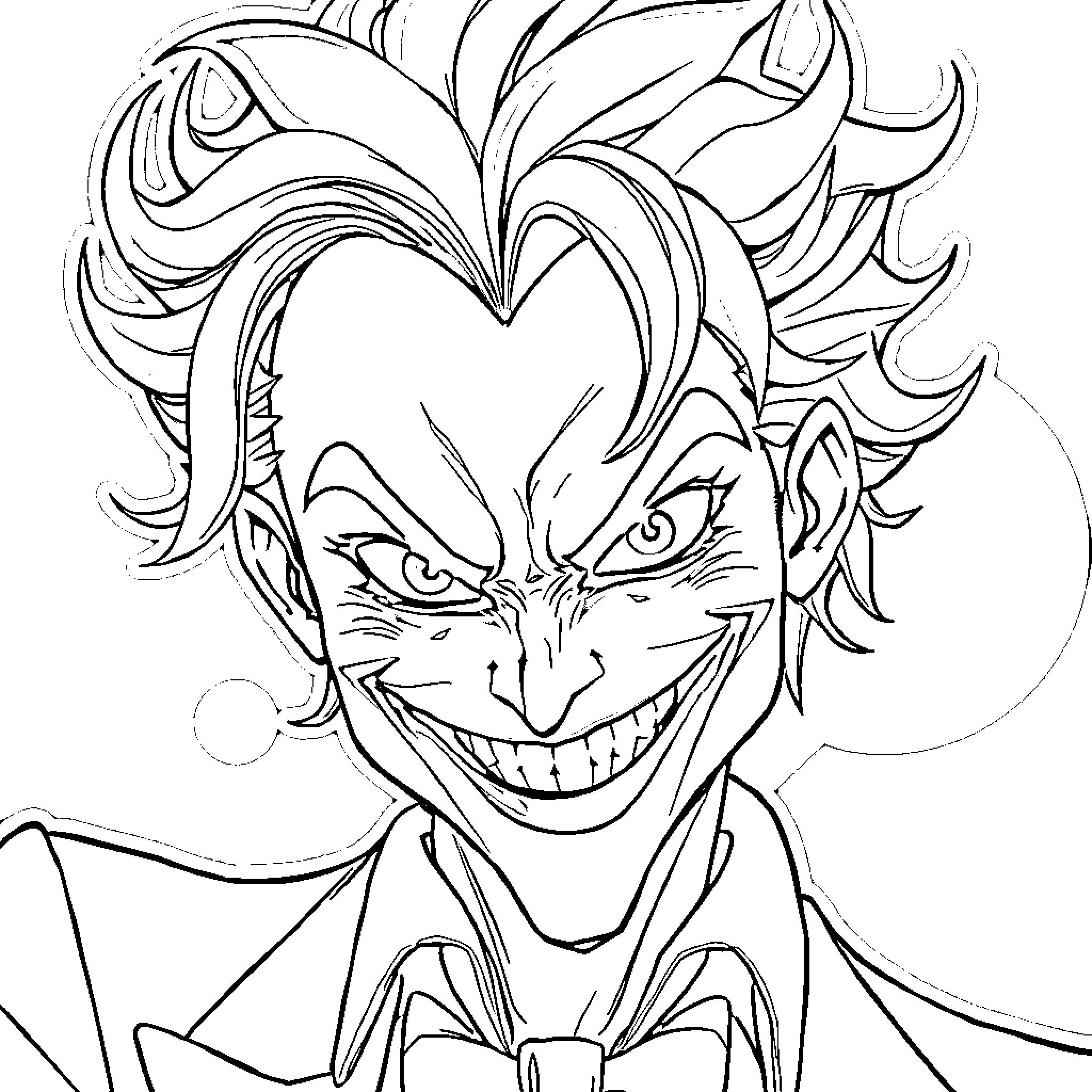 Joker's Mischievous Grin and Iconic Look Coloring Page (free black-and-white line drawing printable PDF for all, from beginners to advanced learners, including children, teens, adults, and seniors)