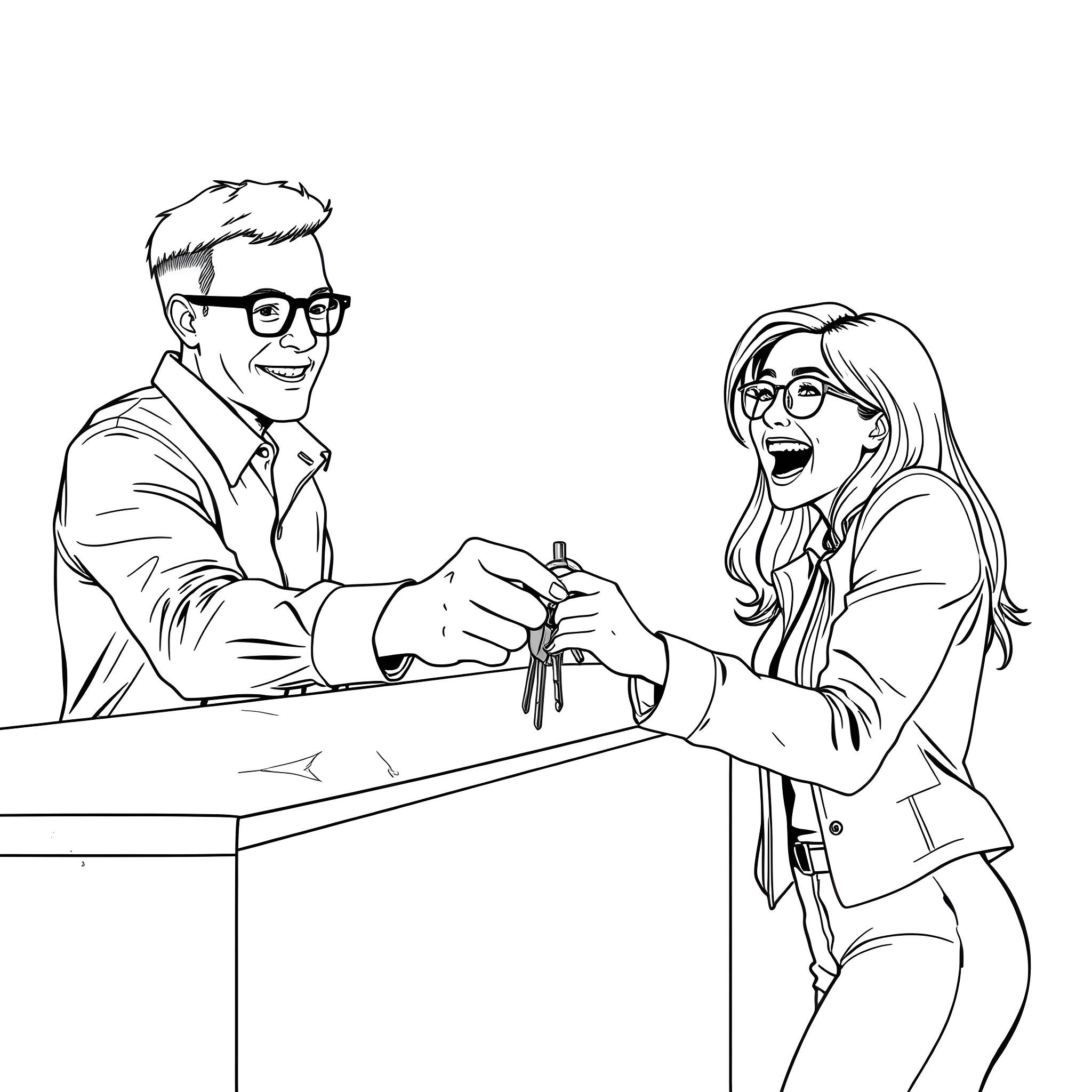 Man and Woman Happily Interacting at Office Desk Coloring Page (free black-and-white line drawing printable PDF for all, from beginners to advanced learners, including children, teens, adults, and seniors)