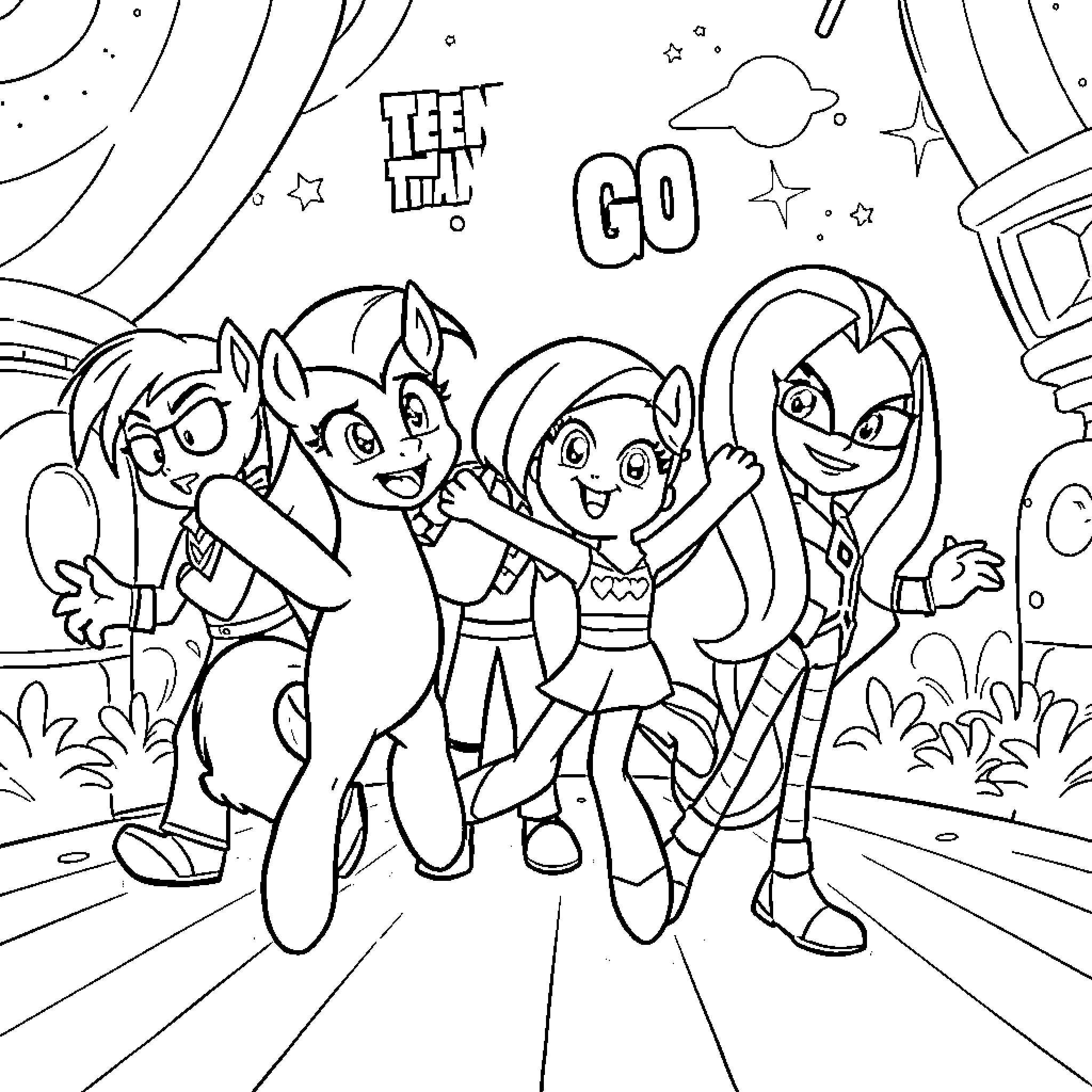 Pony friends celebrating and cheering Coloring Page (free black-and-white line drawing printable PDF for all, from beginners to advanced learners, including children, teens, adults, and seniors)