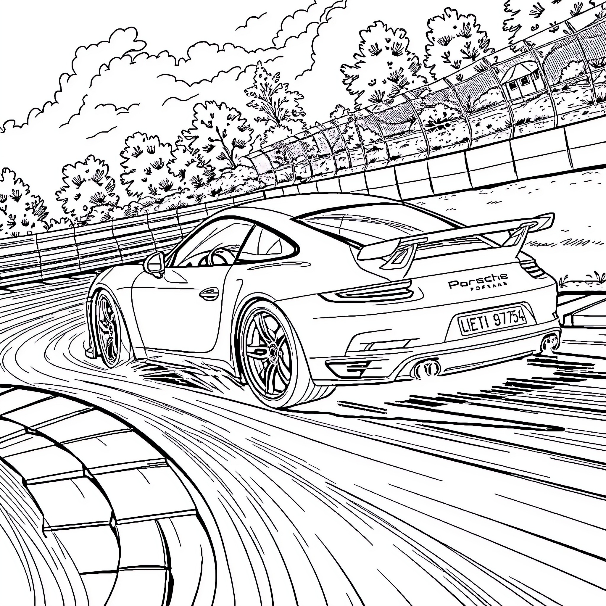 Porsche sports car speeding on racetrack Coloring Page (free black-and-white line drawing printable PDF for all, from beginners to advanced learners, including children, teens, adults, and seniors)