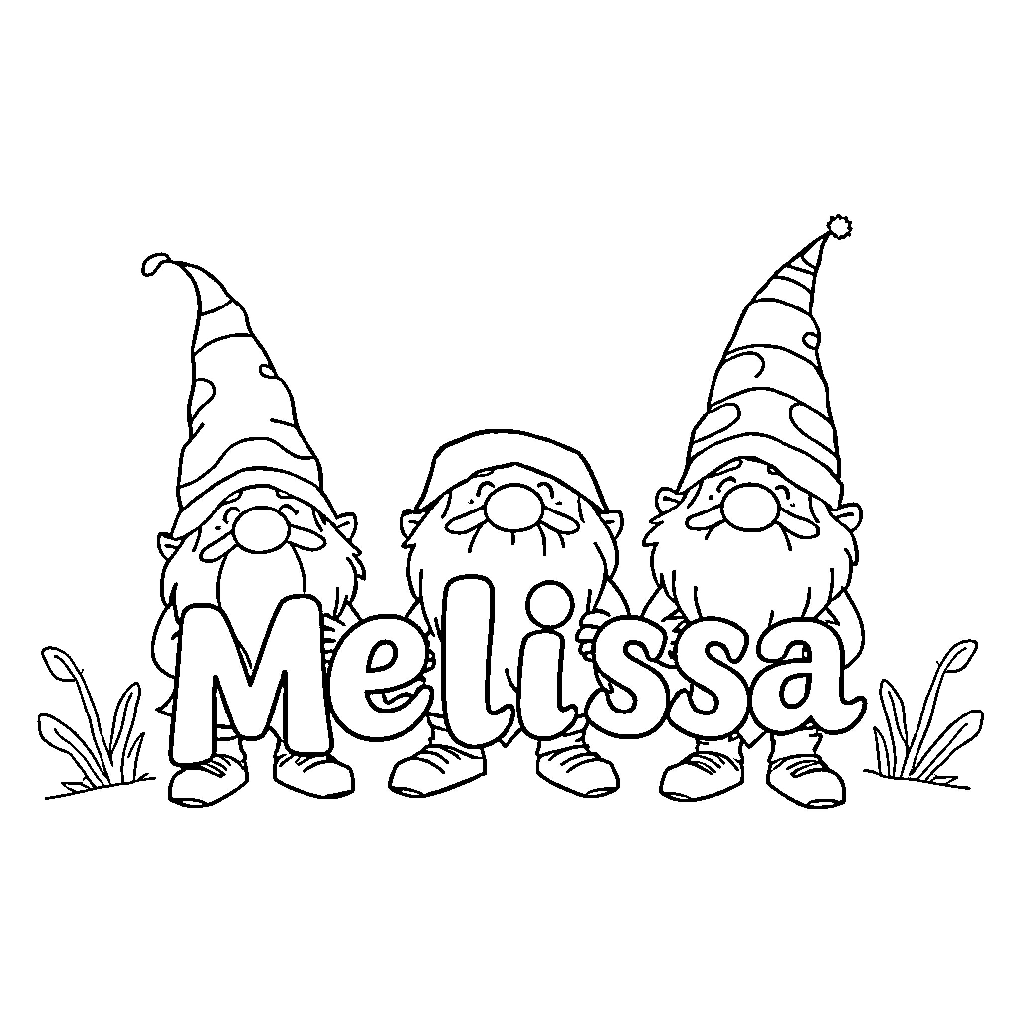 Gnome trio with names displayed Coloring Page (free black-and-white line drawing printable PDF for all, from beginners to advanced learners, including children, teens, adults, and seniors)