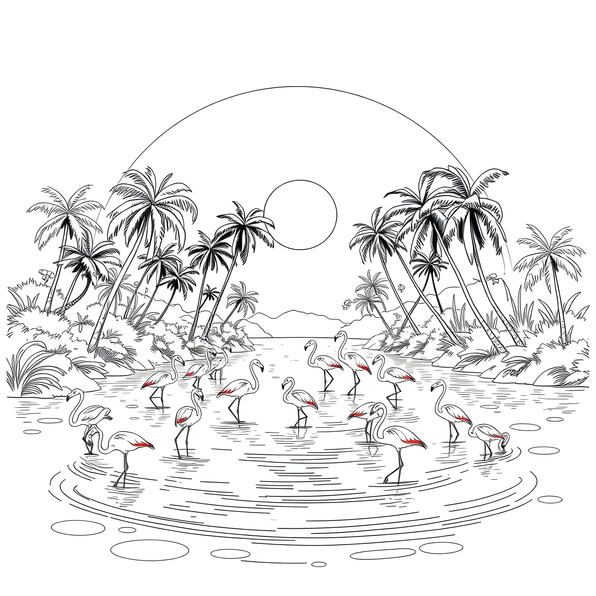 Flamingos wading in a tropical lagoon Coloring Page (free black-and-white line drawing printable PDF for all, from beginners to advanced learners, including children, teens, adults, and seniors)
