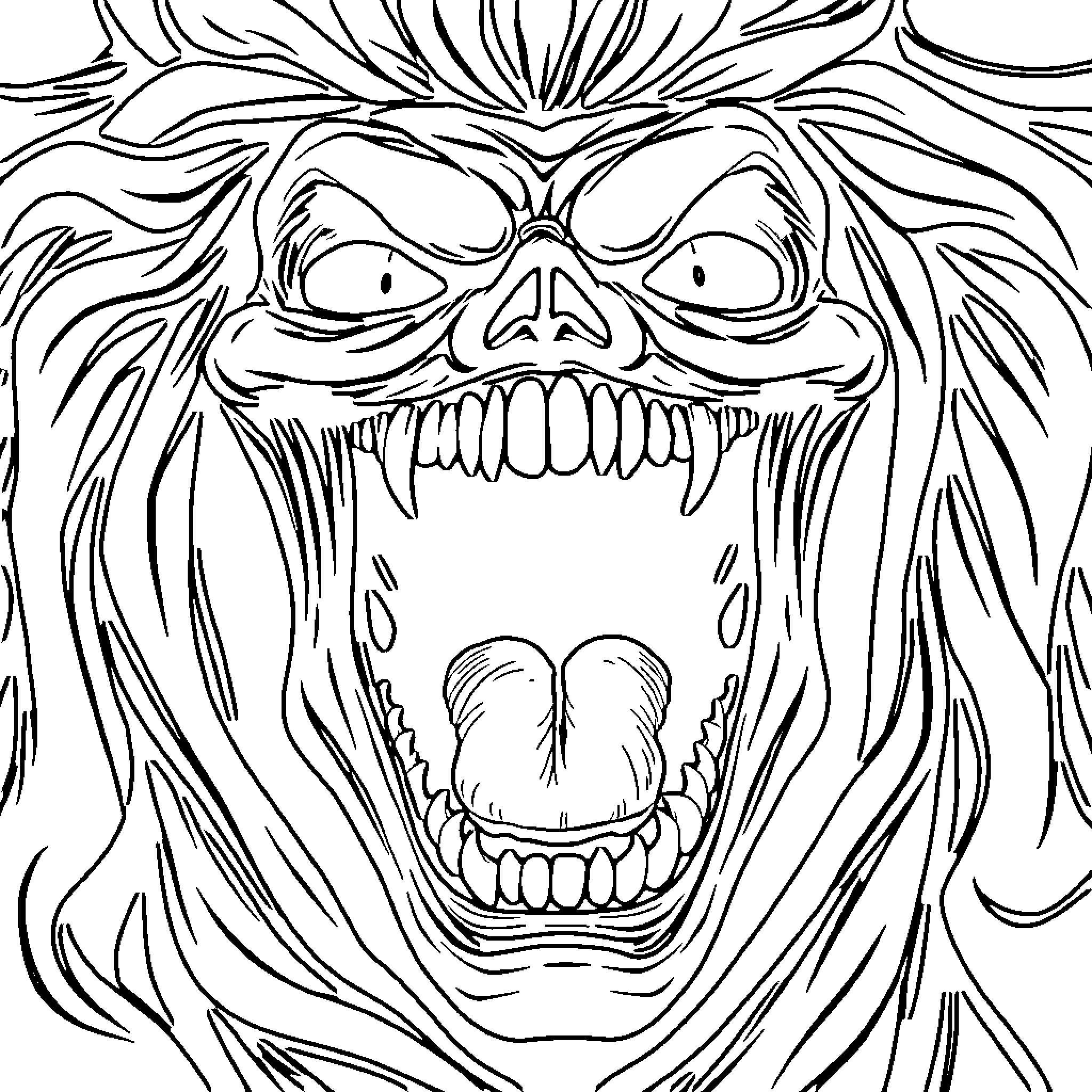 Scream of a monstrous creature with wide open mouth Coloring Page (free black-and-white line drawing printable PDF for all, from beginners to advanced learners, including children, teens, adults, and seniors)