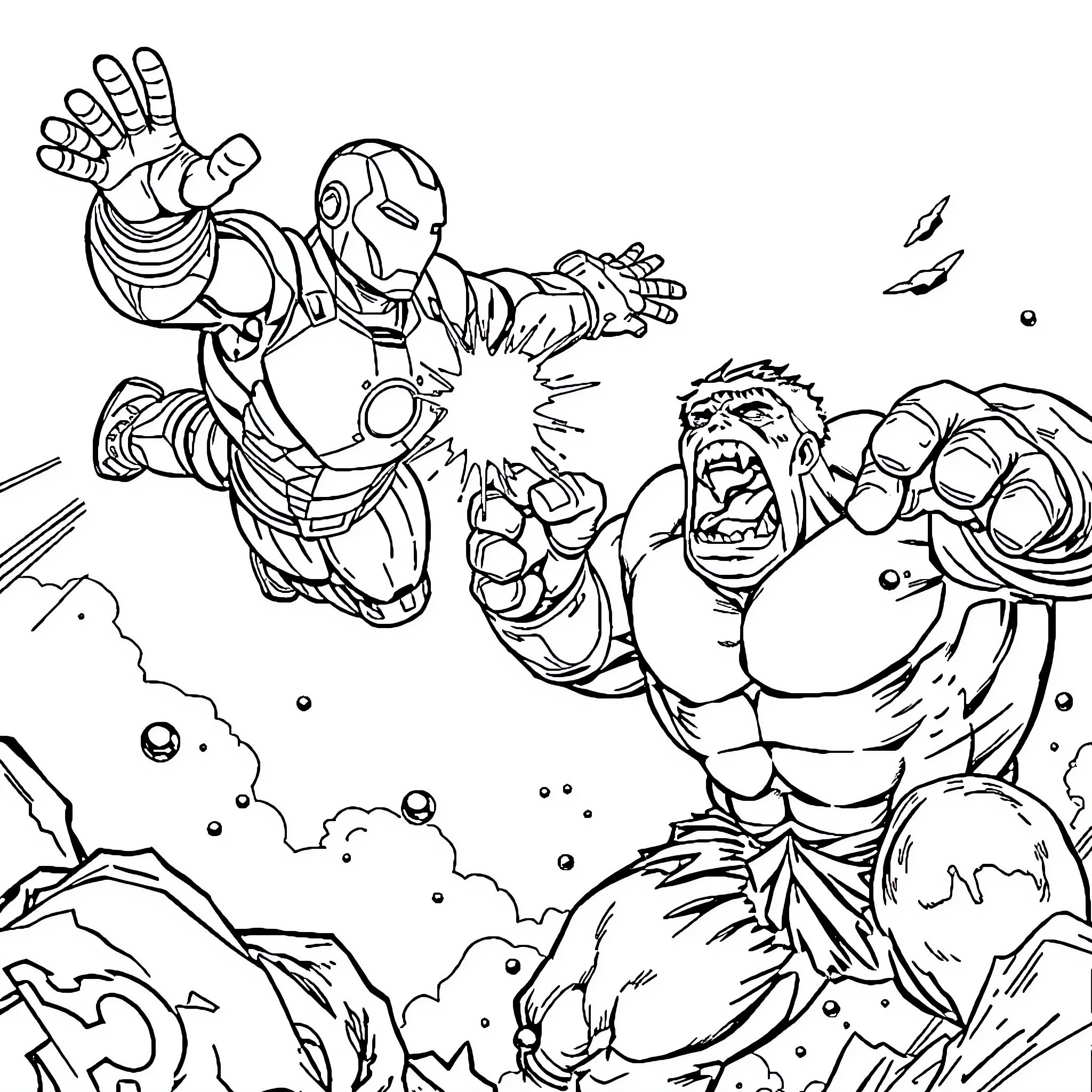 Iron Man battling a fierce monster in an epic showdown Coloring Page (free black-and-white line drawing printable PDF for all, from beginners to advanced learners, including children, teens, adults, and seniors)