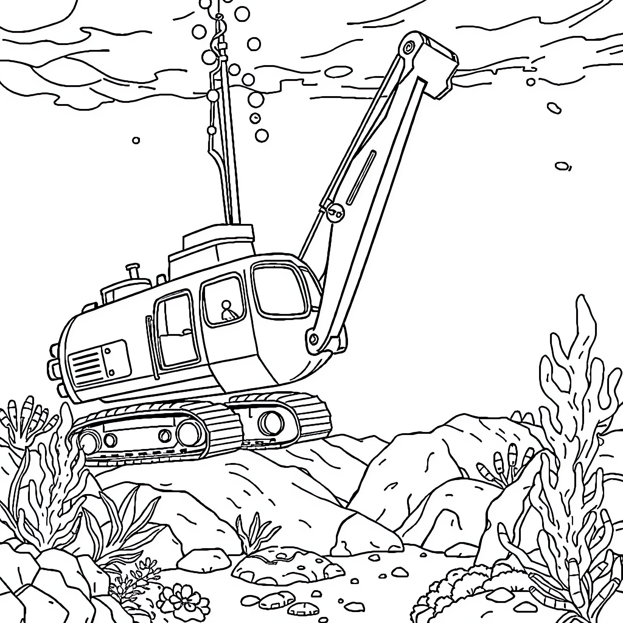 Submarine exploration underwater landscape Coloring Page (free black-and-white line drawing printable PDF for all, from beginners to advanced learners, including children, teens, adults, and seniors)