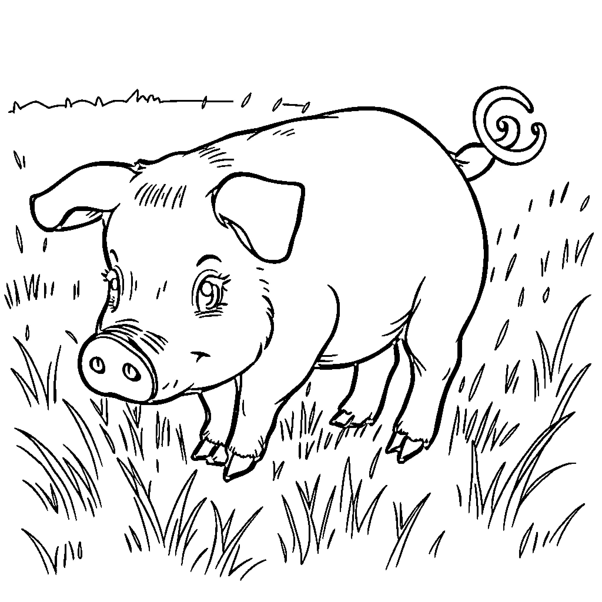 Pig in the Meadow Coloring Page (free black-and-white line drawing printable PDF for all, from beginners to advanced learners, including children, teens, adults, and seniors)