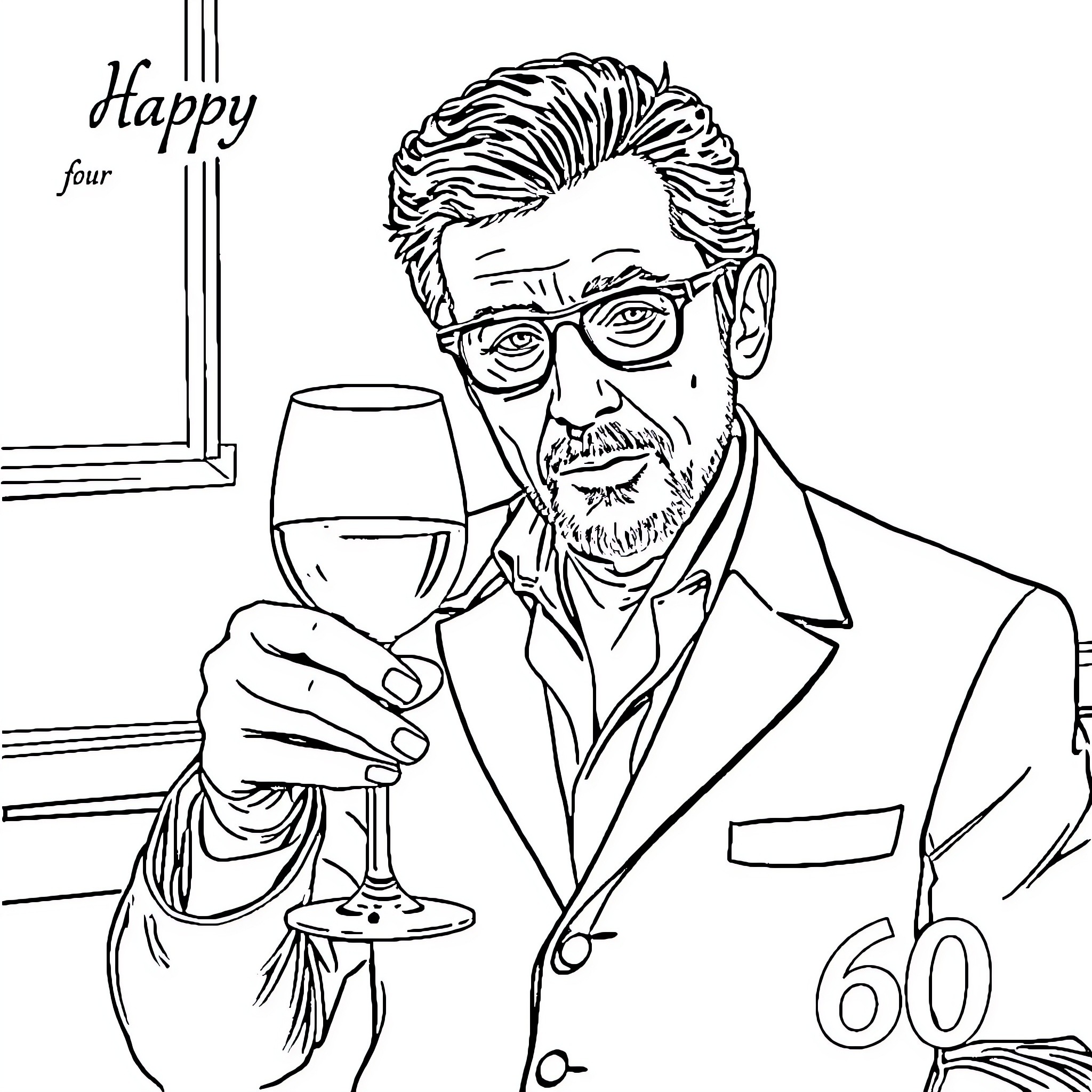 Serge Gainsbourg enjoying a glass of wine on his 60th birthday Coloring Page (free black-and-white line drawing printable PDF for all, from beginners to advanced learners, including children, teens, adults, and seniors)