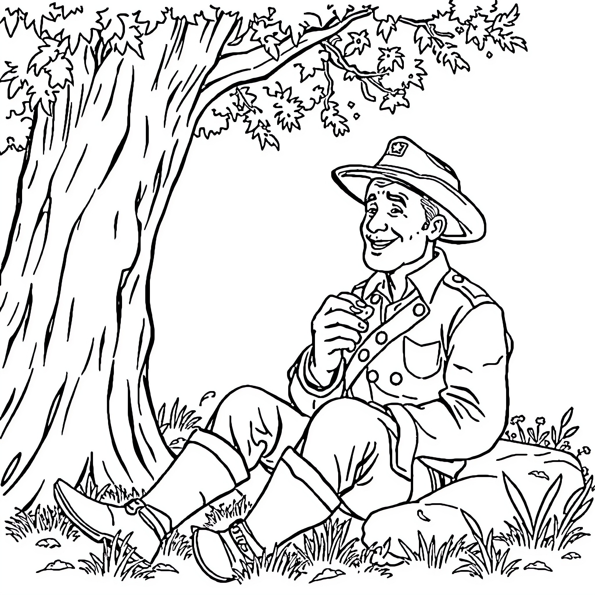 Soldier resting in the peaceful forest Coloring Page (free black-and-white line drawing printable PDF for all, from beginners to advanced learners, including children, teens, adults, and seniors)