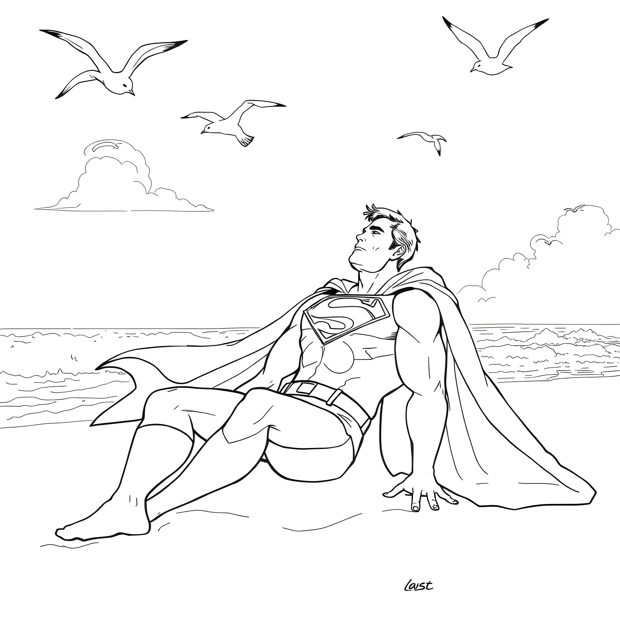 Superman relaxing on the beach with seagulls Coloring Page (free black-and-white line drawing printable PDF for all, from beginners to advanced learners, including children, teens, adults, and seniors)
