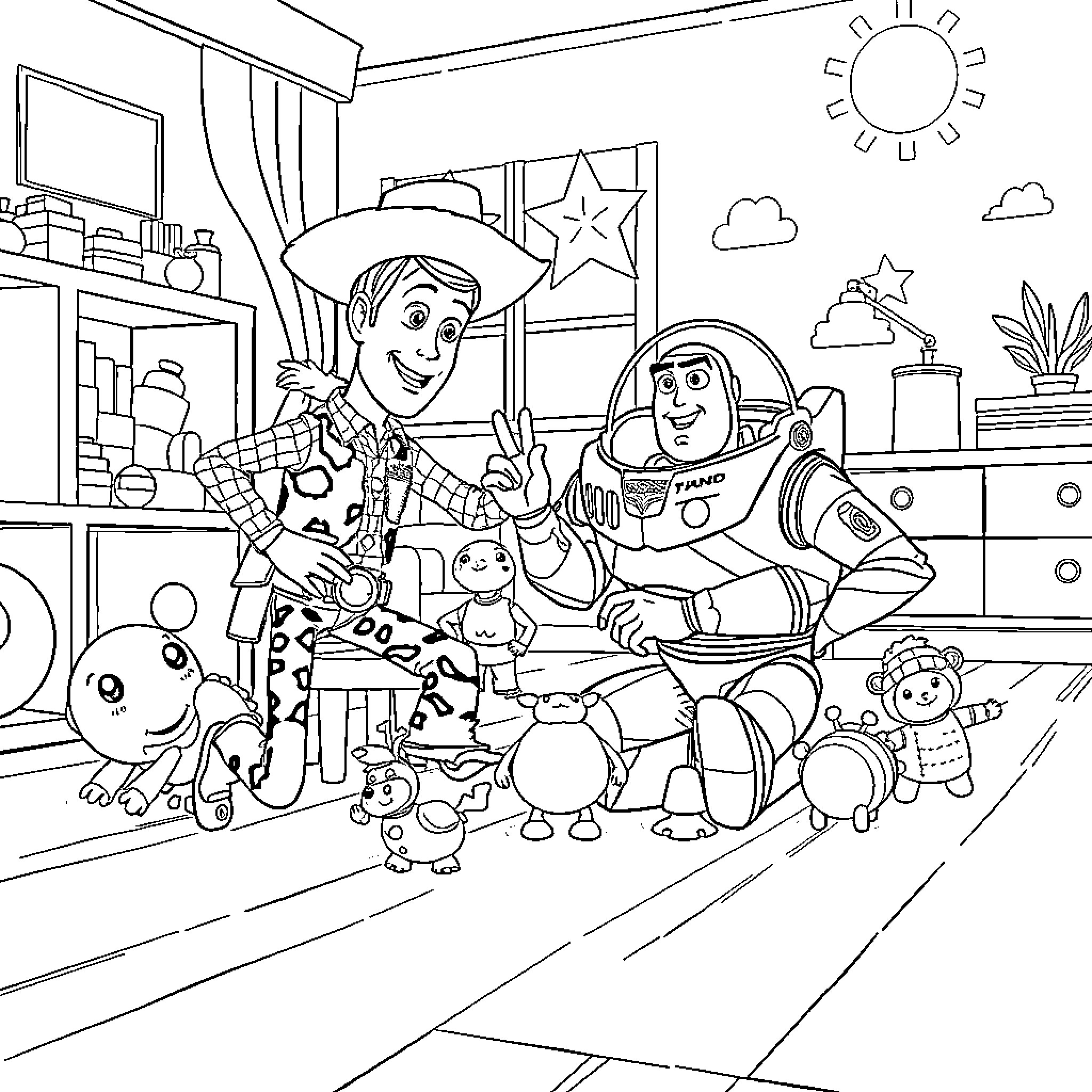 Toy Story: Characters Gathered in Bedroom Scene Coloring Page (free black-and-white line drawing printable PDF for all, from beginners to advanced learners, including children, teens, adults, and seniors)