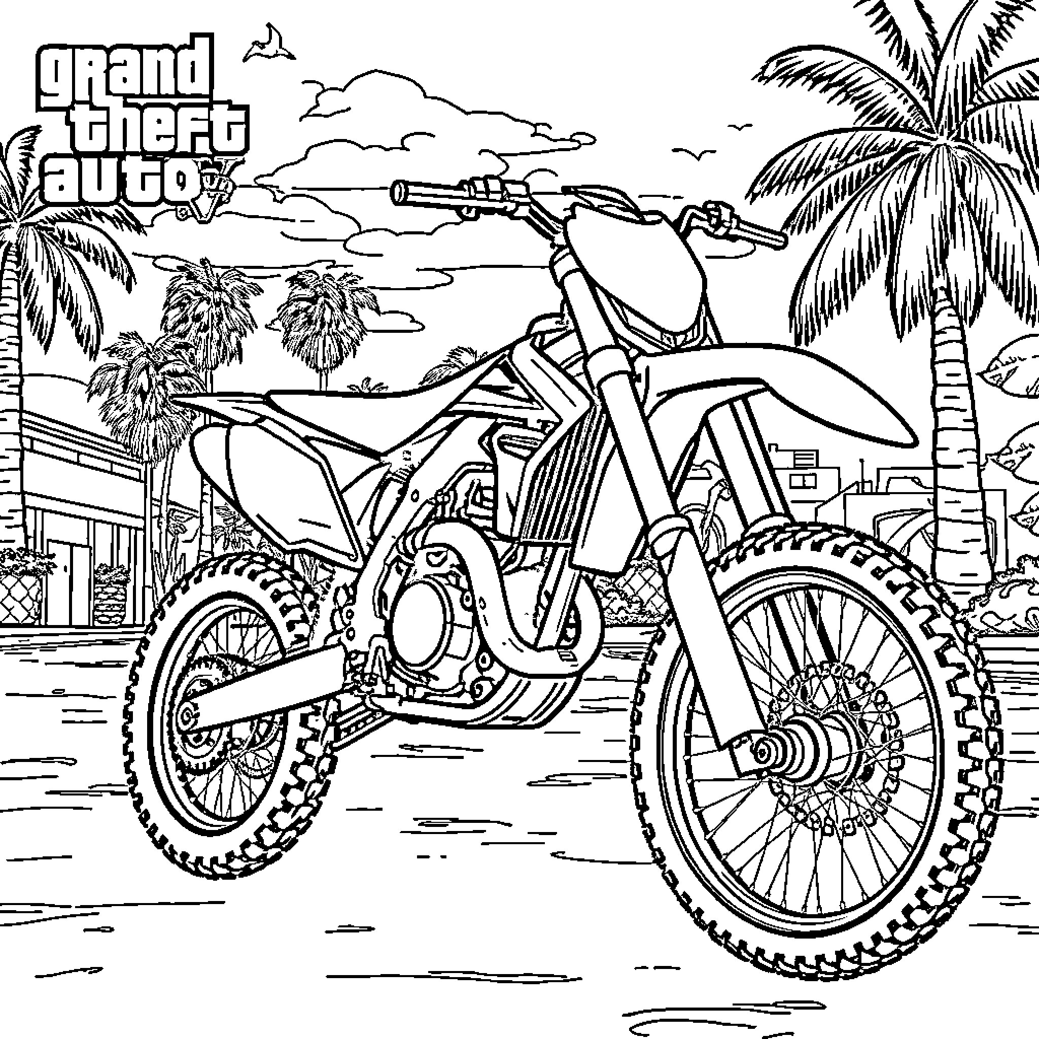 125 YZ Motocross Bike on Tropical Beach Coloring Page (free black-and-white line drawing printable PDF for all, from beginners to advanced learners, including children, teens, adults, and seniors)