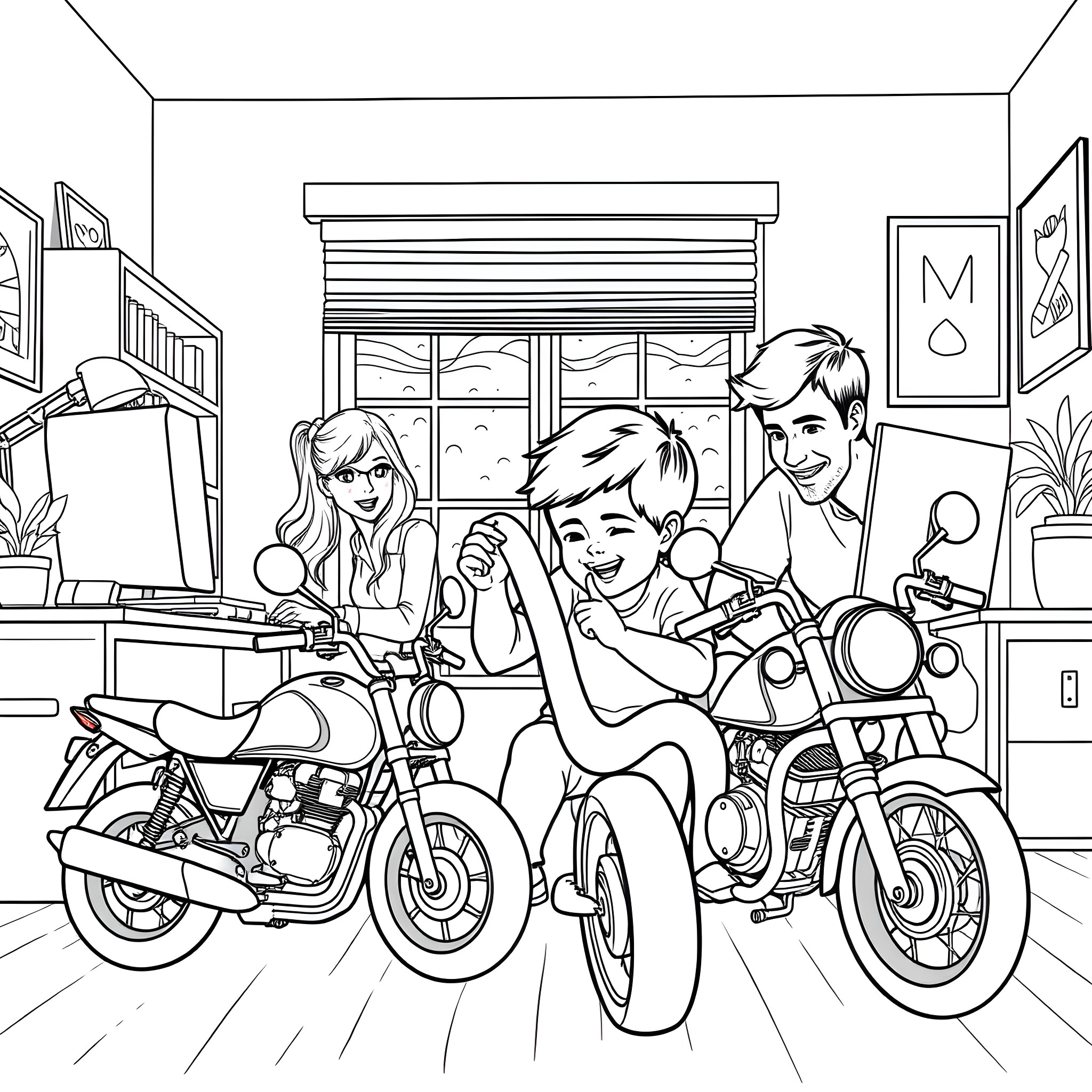 Boy riding motorcycles with friends in cozy room Coloring Page (free black-and-white line drawing printable PDF for all, from beginners to advanced learners, including children, teens, adults, and seniors)