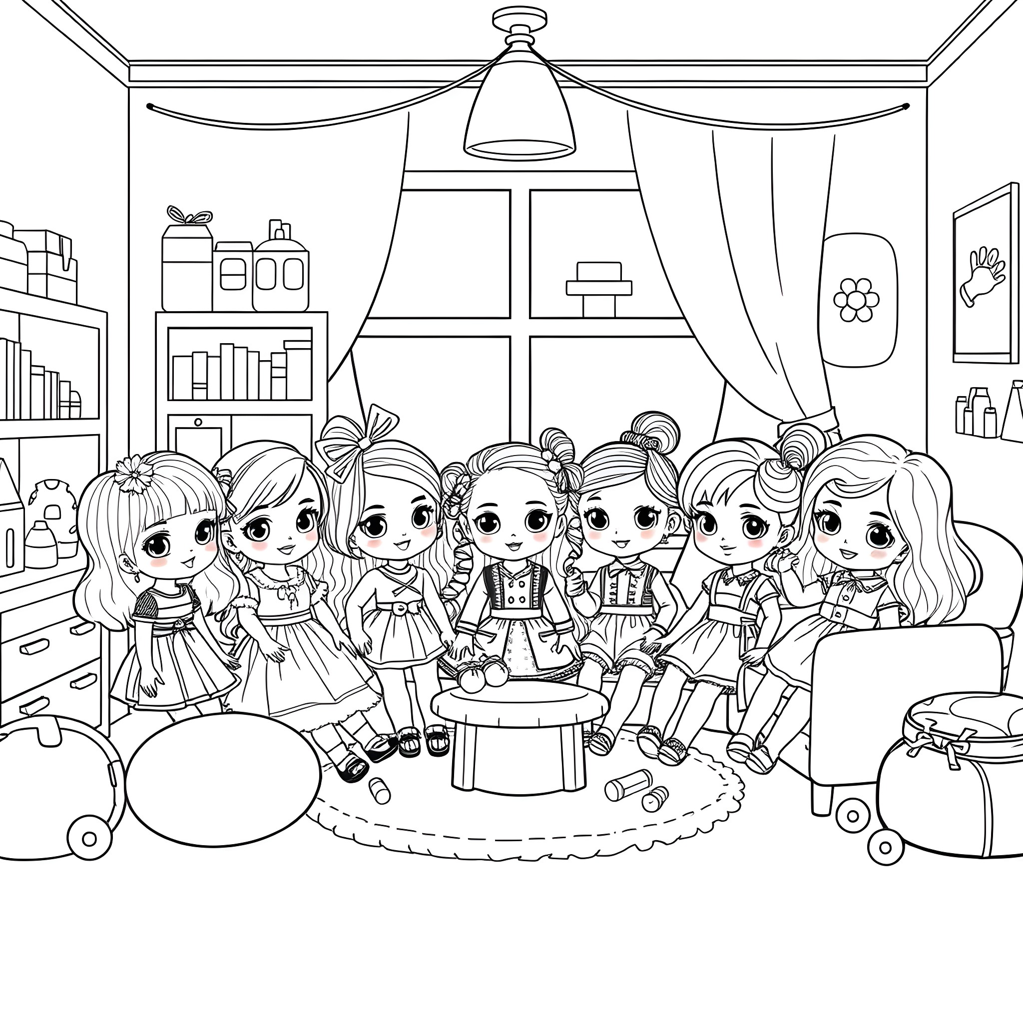 Doll friends having a tea party in a cozy room Coloring Page (free black-and-white line drawing printable PDF for all, from beginners to advanced learners, including children, teens, adults, and seniors)