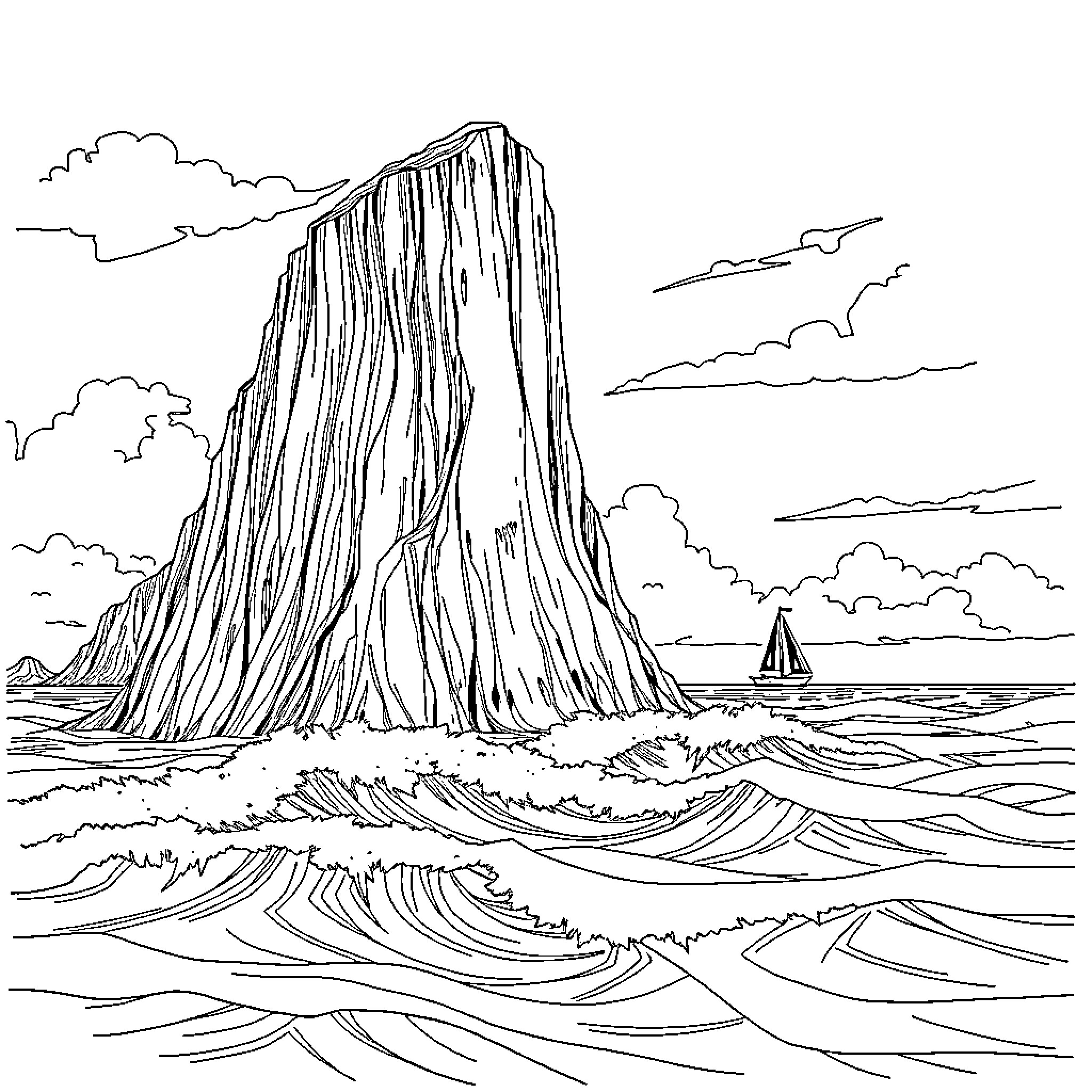Cliff overlooking the stormy ocean with sailboat Coloring Page (free black-and-white line drawing printable PDF for all, from beginners to advanced learners, including children, teens, adults, and seniors)