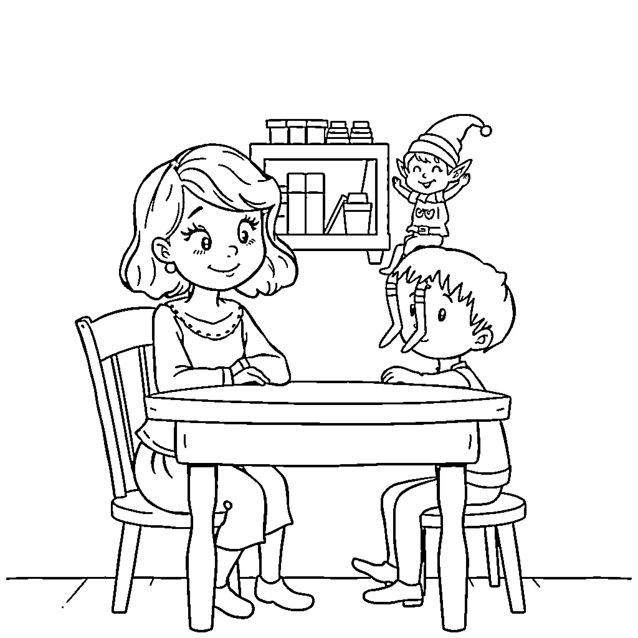 Elf on the Shelf playing with friends at school Coloring Page (free black-and-white line drawing printable PDF for all, from beginners to advanced learners, including children, teens, adults, and seniors)