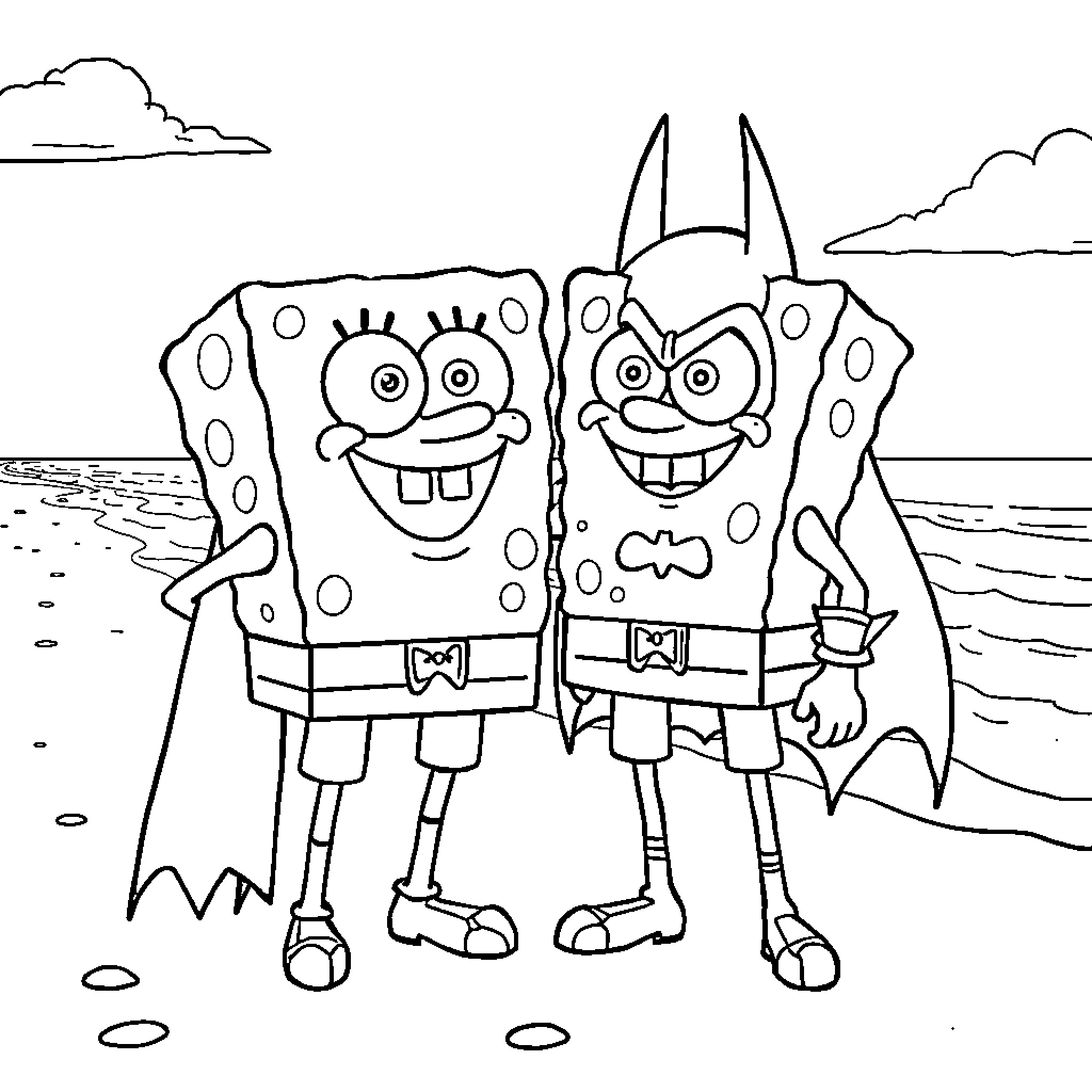 Spongebob and Patrick Enjoying the Beach Coloring Page (free black-and-white line drawing printable PDF for all, from beginners to advanced learners, including children, teens, adults, and seniors)