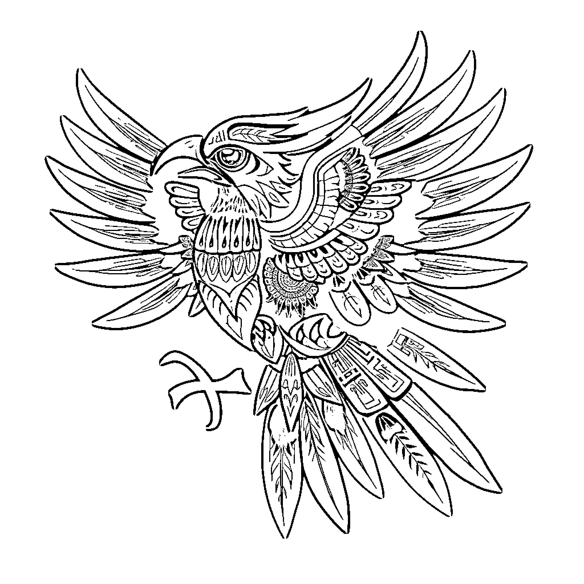 Thunderbird with intricate feather patterns Coloring Page (free black-and-white line drawing printable PDF for all, from beginners to advanced learners, including children, teens, adults, and seniors)
