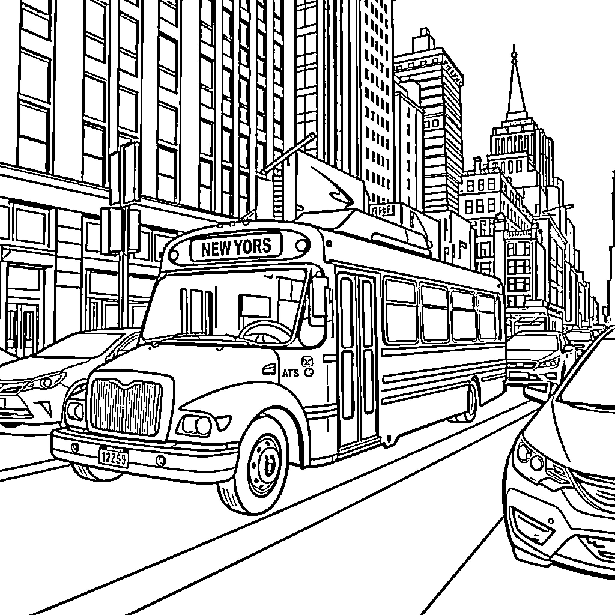 Bus transporting passengers in busy city street Coloring Page (free black-and-white line drawing printable PDF for all, from beginners to advanced learners, including children, teens, adults, and seniors)