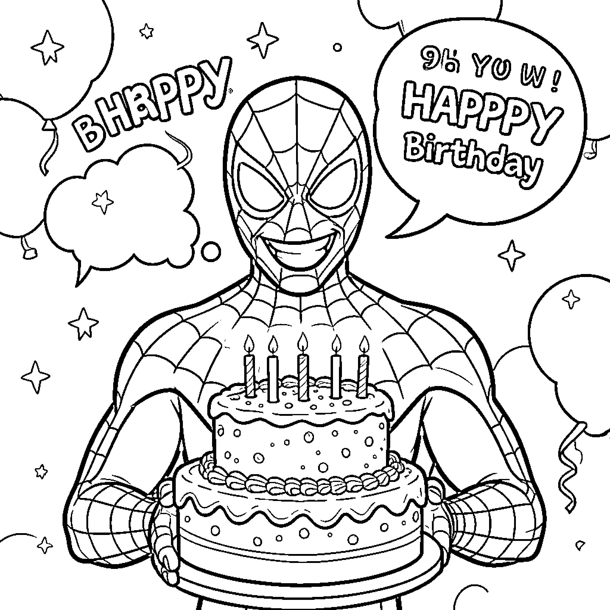Spiderman smiling while holding a birthday cake Coloring Page (free black-and-white line drawing printable PDF for all, from beginners to advanced learners, including children, teens, adults, and seniors)
