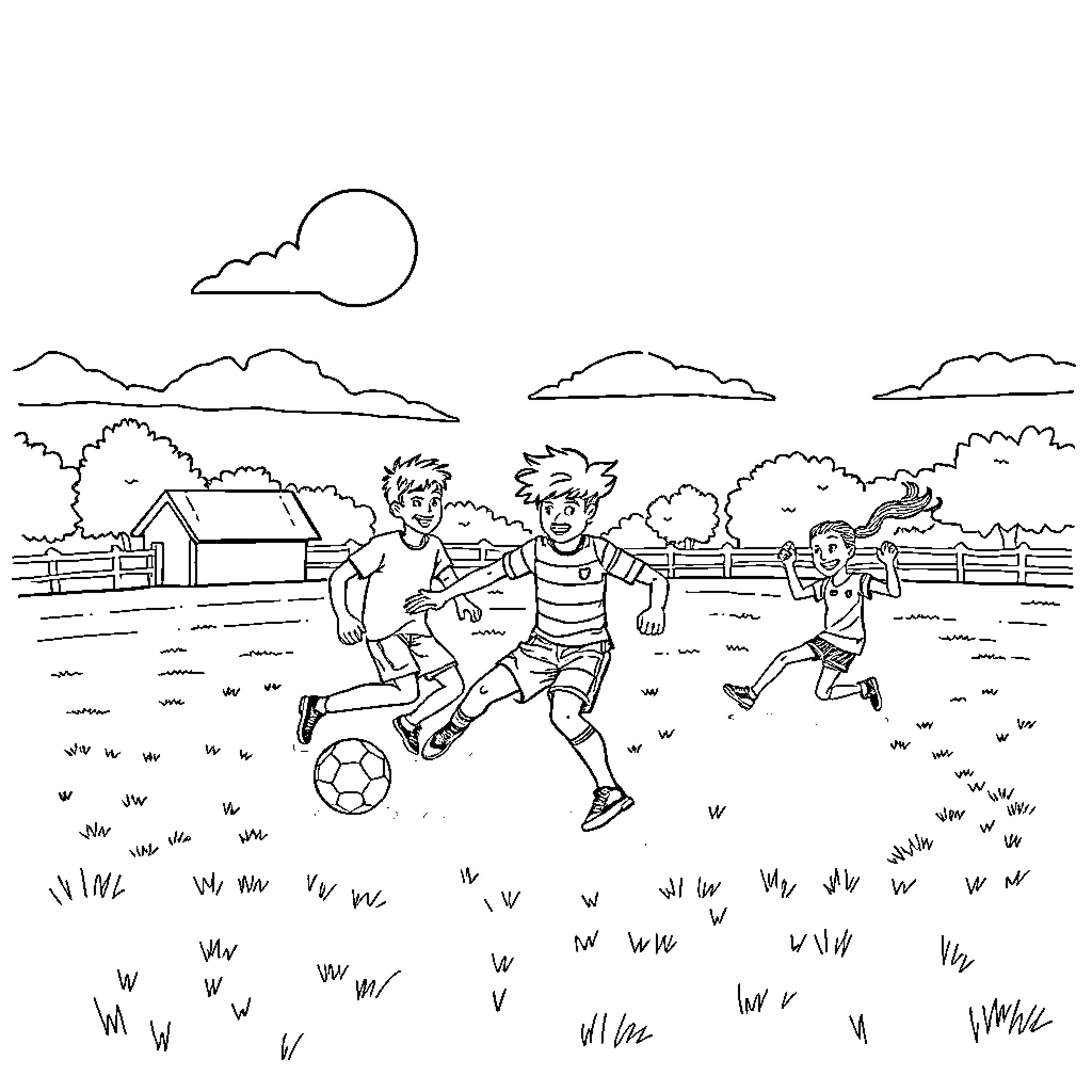 Faze Rug playing soccer with friends on the field Coloring Page (free black-and-white line drawing printable PDF for all, from beginners to advanced learners, including children, teens, adults, and seniors)