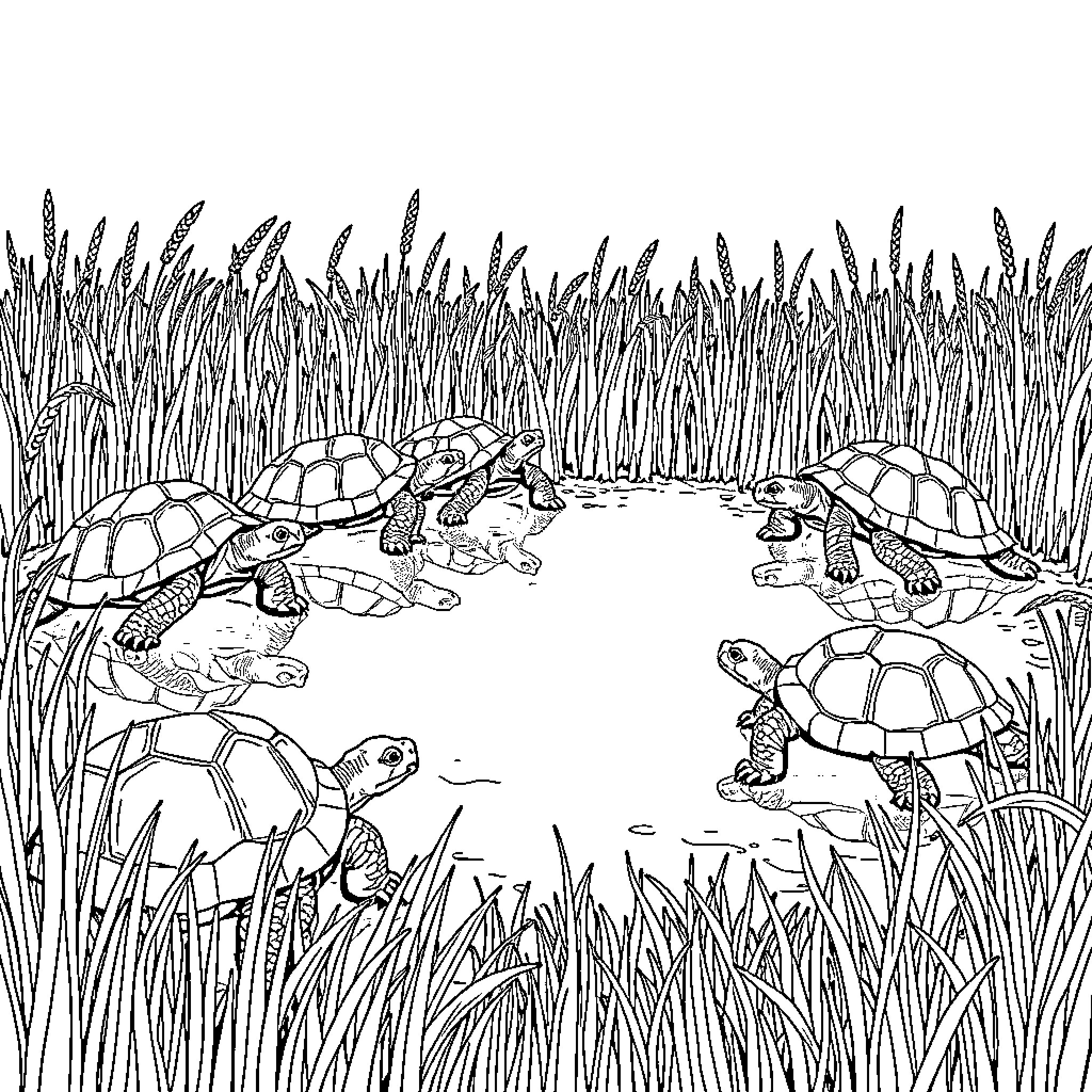 Tortoise gathering in the tall grass Coloring Page (free black-and-white line drawing printable PDF for all, from beginners to advanced learners, including children, teens, adults, and seniors)