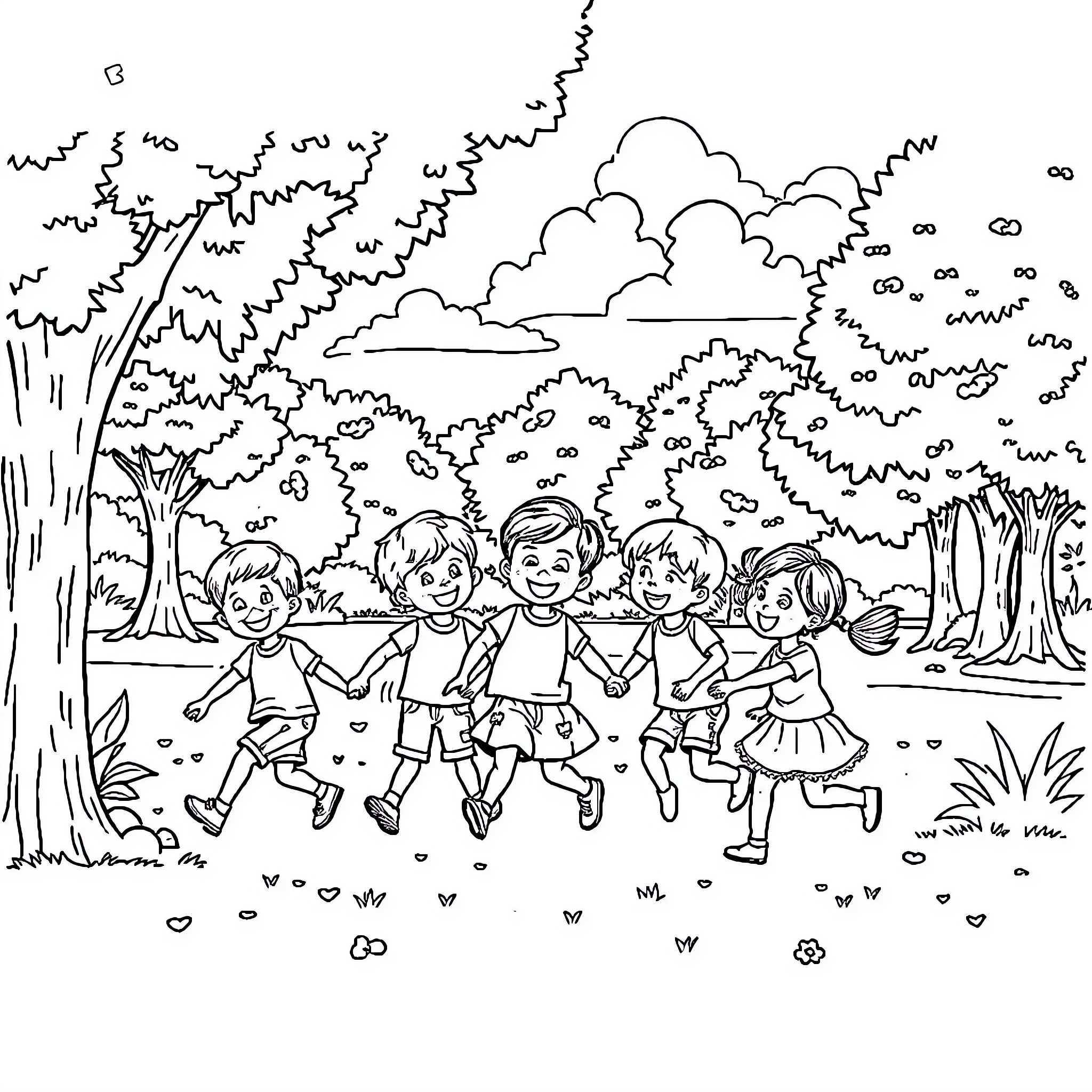 Kid friends playing and running happily in the park Coloring Page (free black-and-white line drawing printable PDF for all, from beginners to advanced learners, including children, teens, adults, and seniors)