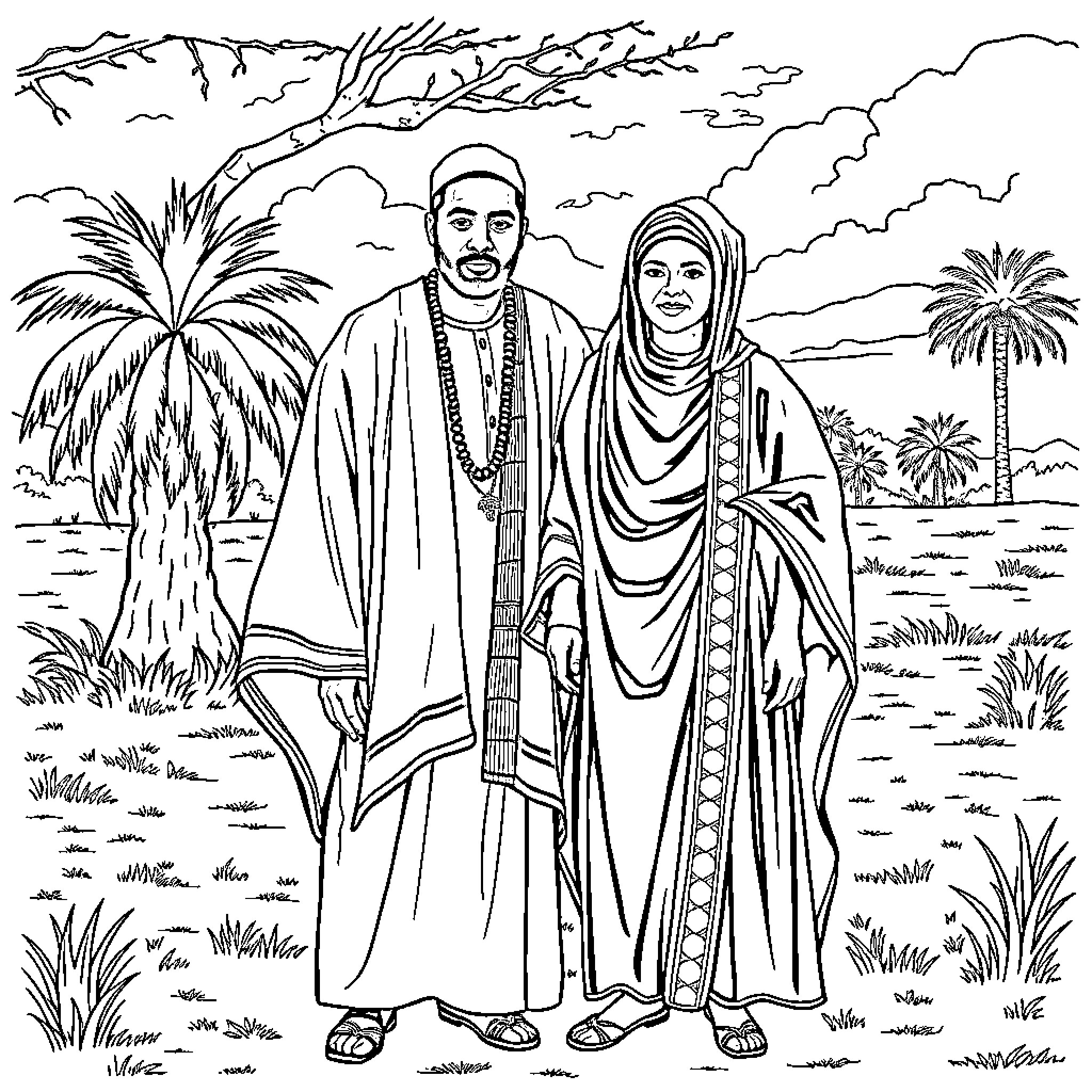 Mame Cheikh Ibrahima Fall: Couple in Traditional Dress Coloring Page (free black-and-white line drawing printable PDF for all, from beginners to advanced learners, including children, teens, adults, and seniors)