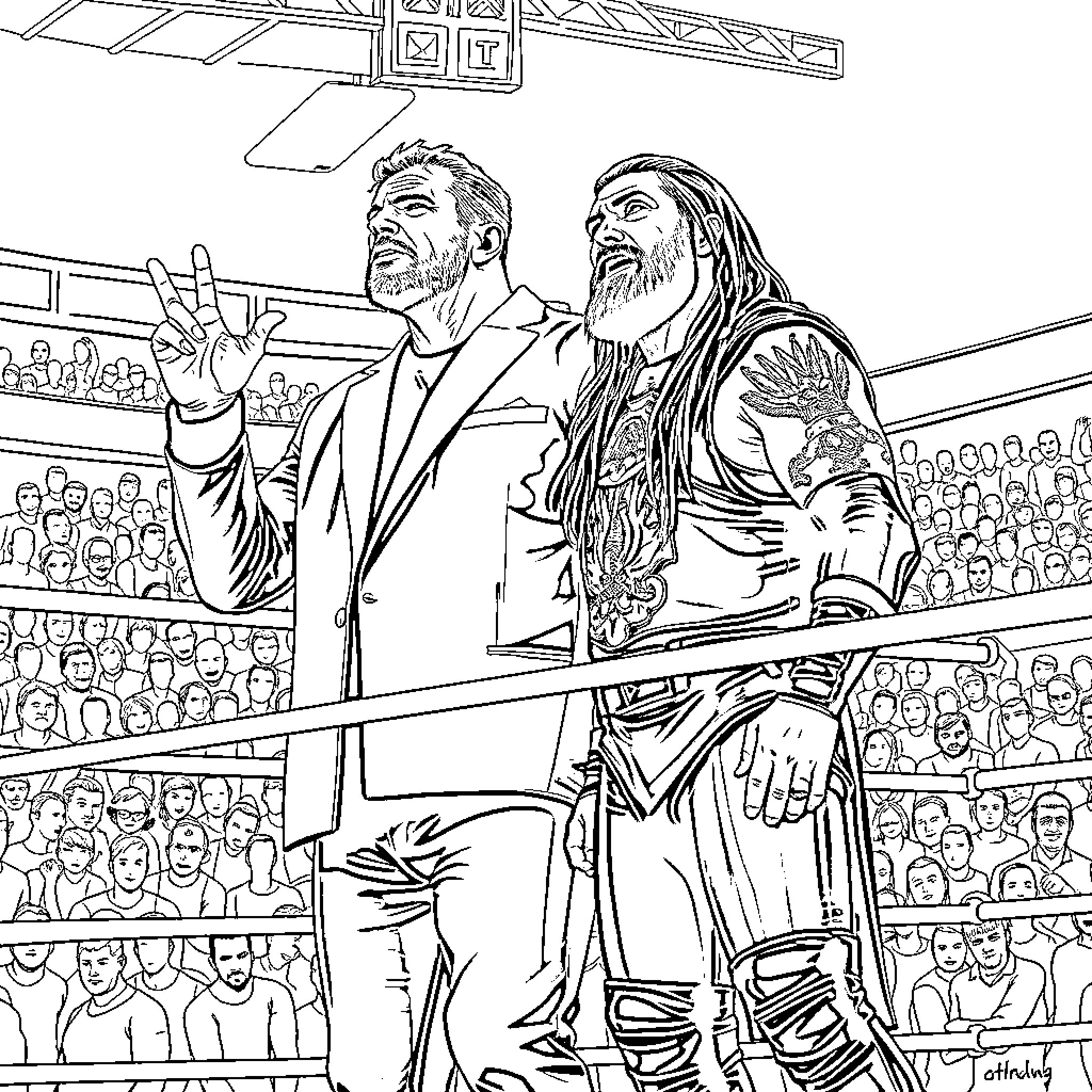 Triple H and Roman Reigns Celebrate Victory in the Ring Coloring Page (free black-and-white line drawing printable PDF for all, from beginners to advanced learners, including children, teens, adults, and seniors)