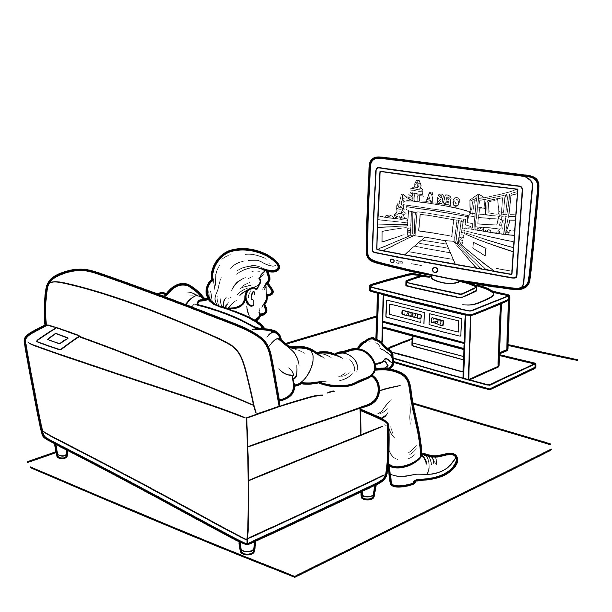 Donald Trump watching television on the couch Coloring Page (free black-and-white line drawing printable PDF for all, from beginners to advanced learners, including children, teens, adults, and seniors)