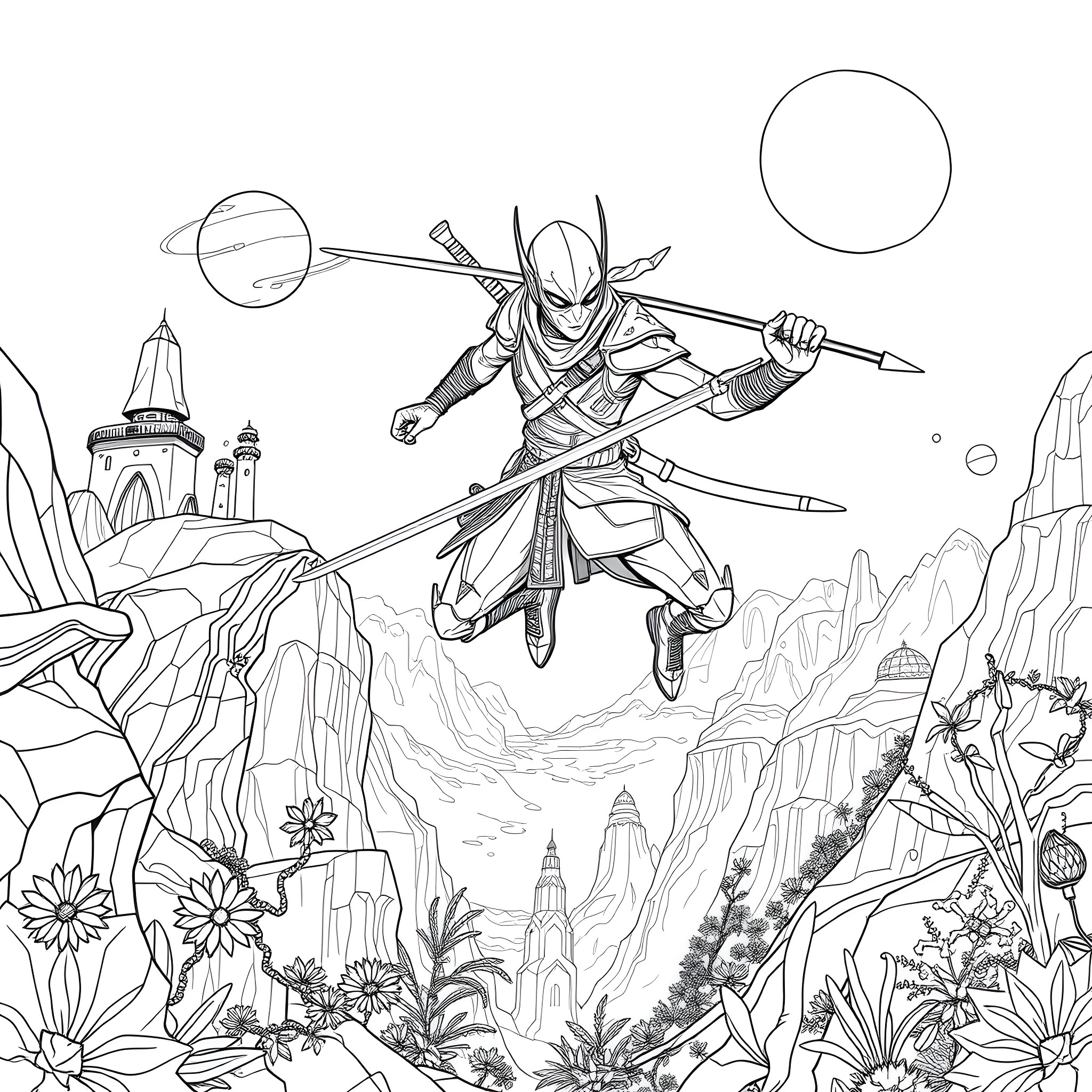 Alien Ninja warrior soaring through an otherworldly landscape Coloring Page (free black-and-white line drawing printable PDF for all, from beginners to advanced learners, including children, teens, adults, and seniors)